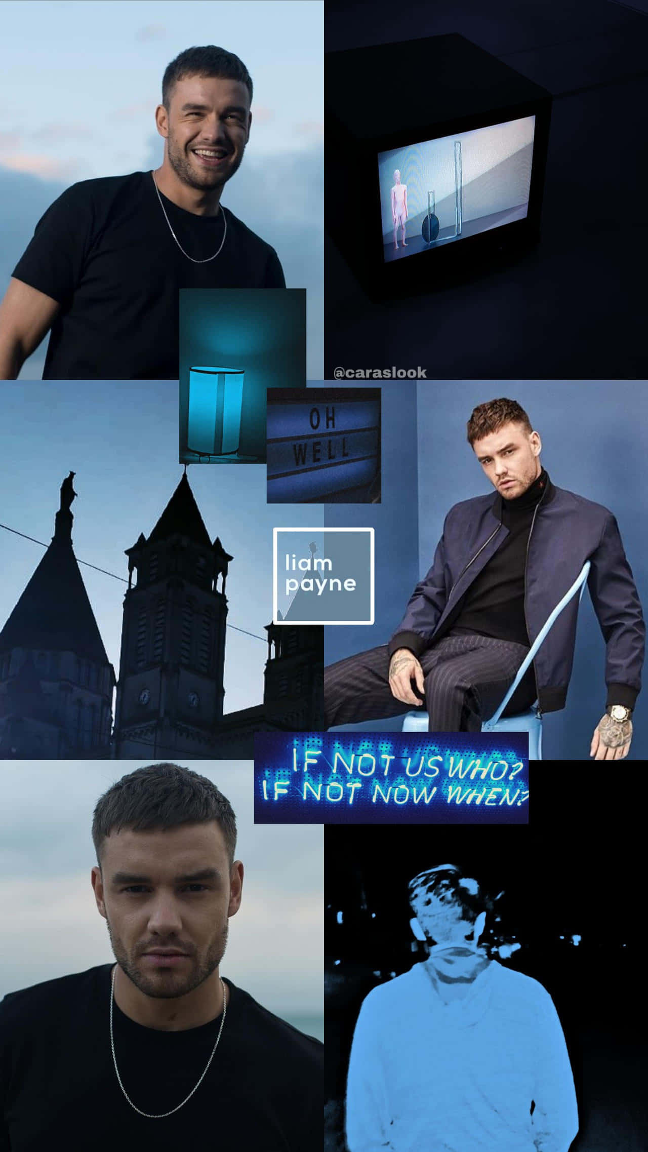 liam payne 桌布 壁紙 — Liam Payne 的拼貼畫，展示多種陰鬱的城市環境，帶有霓虹燈招牌和黑暗背景。