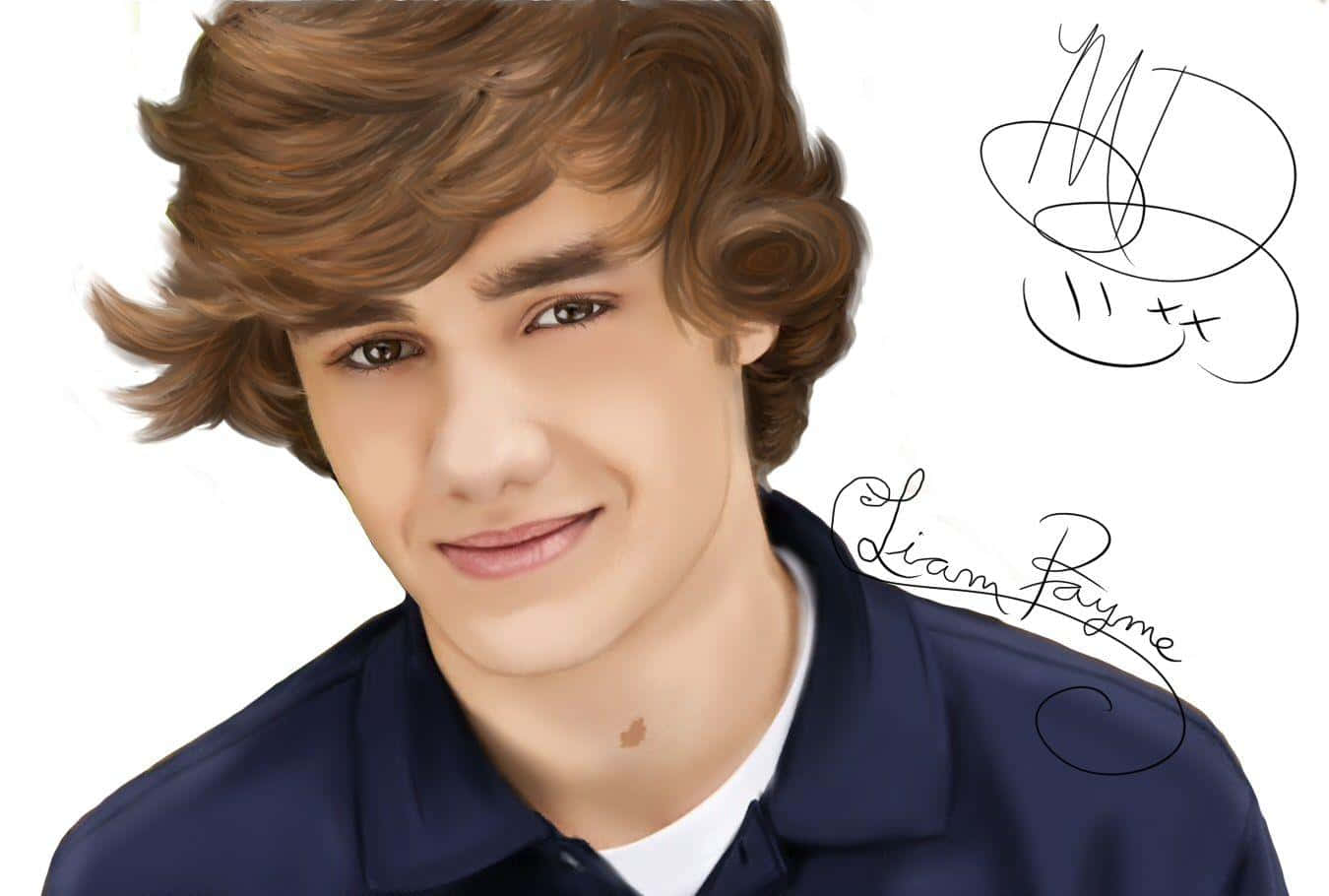liam payne 桌布 壁紙 — Liam Payne 的數位肖像，他穿著海軍藍色襯衫，在純白色背景前溫暖微笑，並帶有他的簽名。