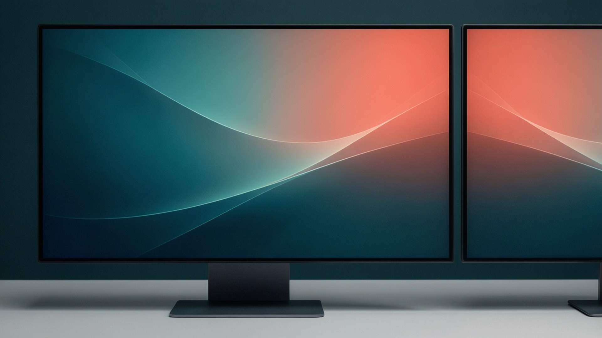 Gradient Flow Dual 壁紙 — 兩部時尚黑色顯示器在深色牆壁上顯示青綠色和珊瑚色的抽象流動漸變。