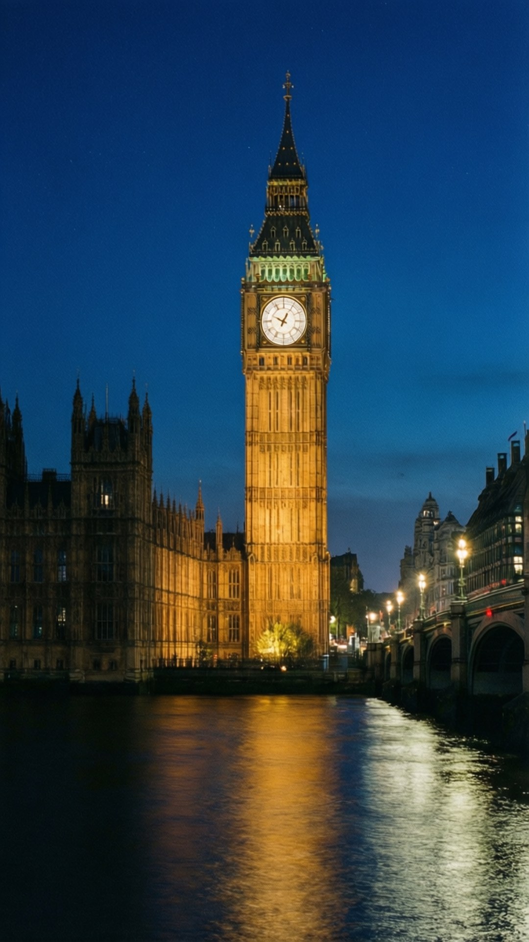 Big Ben at Night 壁紙 — 亮燈的大笨鐘鐘樓在暮色天空下高聳，金色燈光倒映在下面的泰晤士河上。