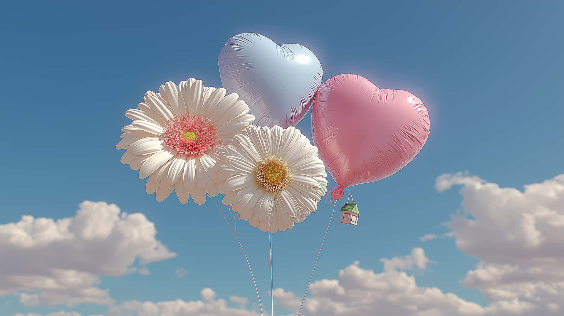 兩朵雛菊和兩個心形氣球在藍天白雲中漂浮。 — Pastel 壁紙