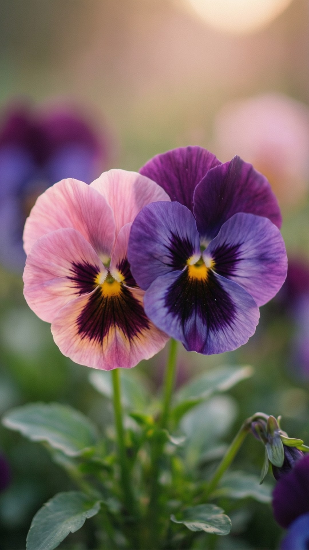 Intertwined Pansies 壁紙 — 兩朵鮮豔的三色堇，一朵粉紅，一朵紫羅蘭，在模糊的綠色花園背景下，伴隨著溫暖的金色光芒，柔和地綻放。