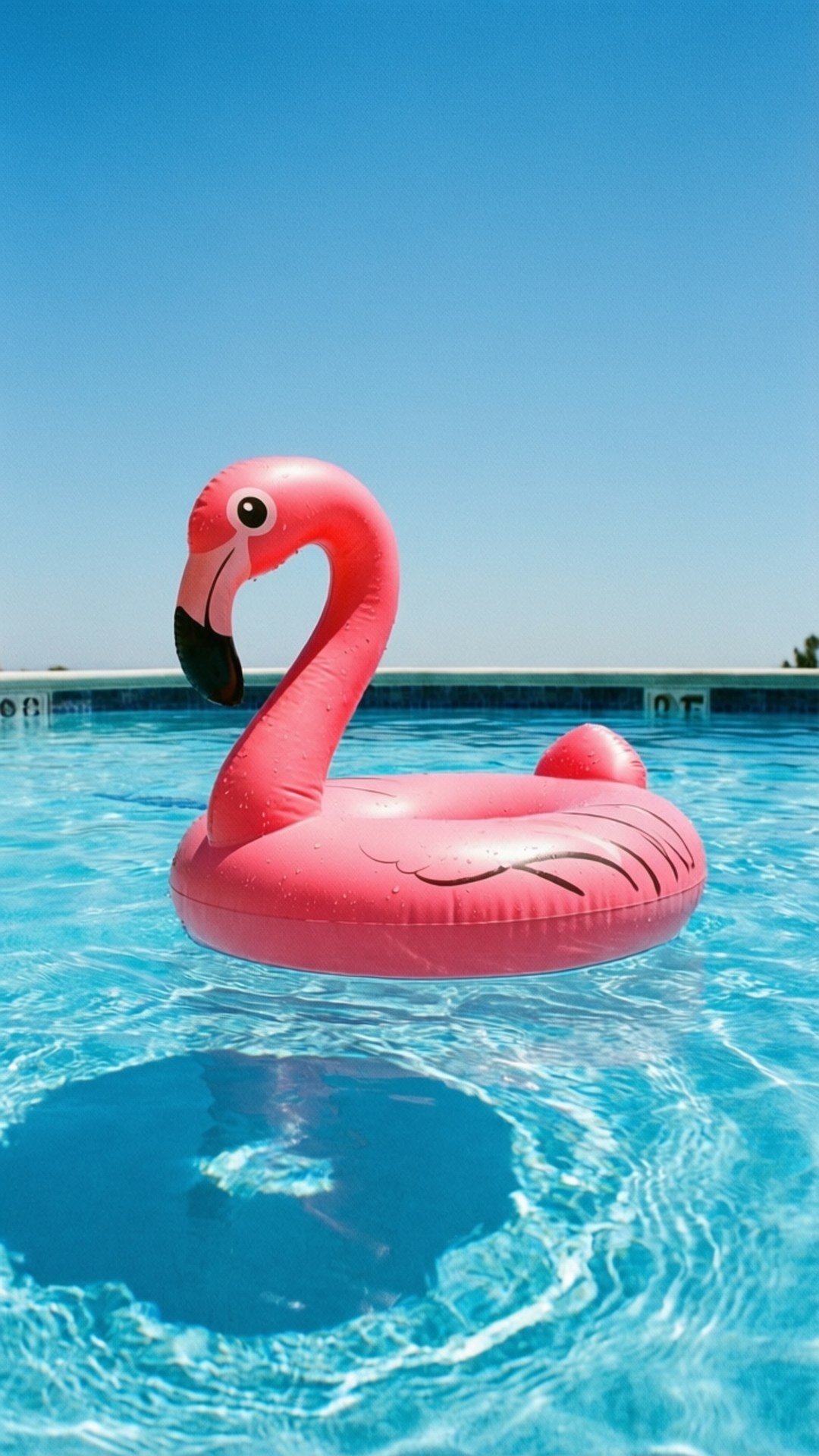 Flamingo Pool Float 壁紙 — 一隻亮粉紅色的充氣紅鶴在無雲的天空下，寧靜地漂浮在清澈的藍色泳池水中。
