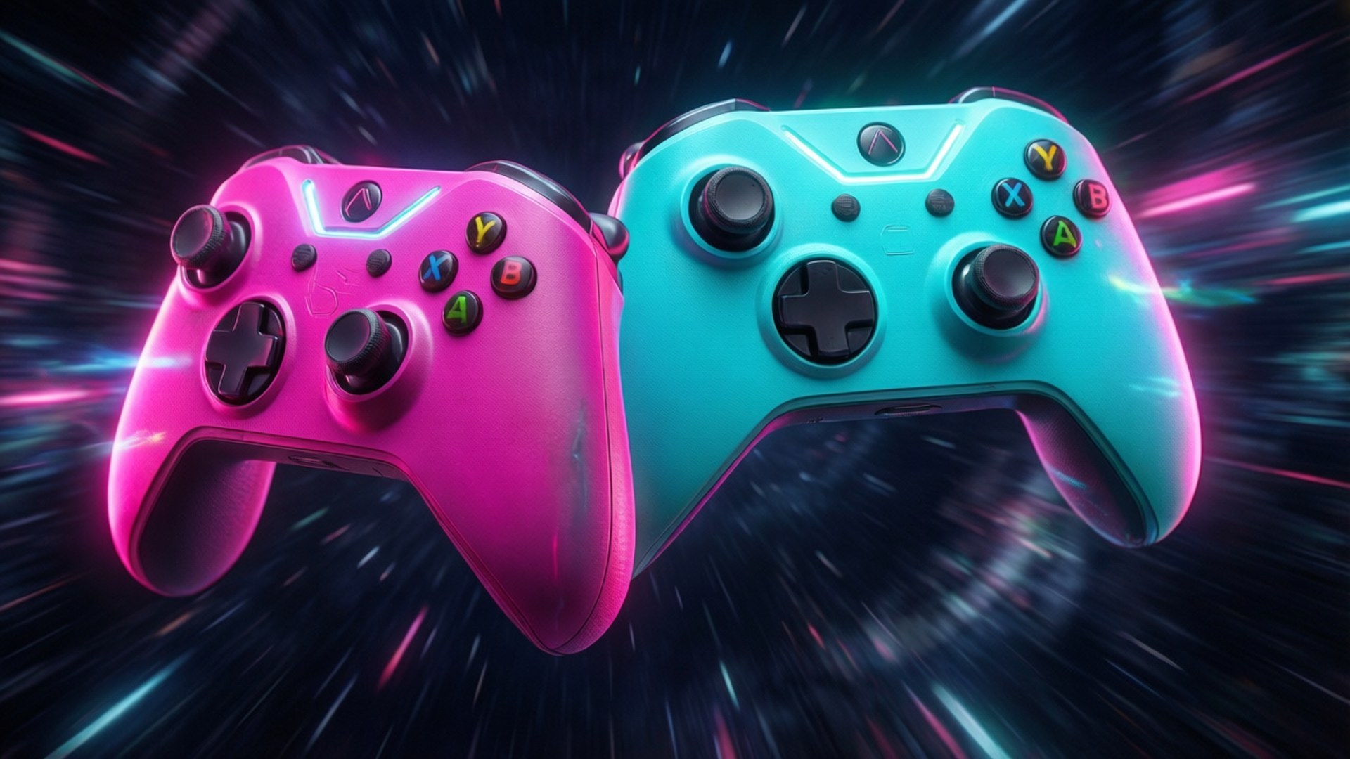 Neon Controllers 壁紙 — 兩個充滿活力的粉紅色和青色Xbox控制器漂浮在帶有霓虹燈條紋的宇宙背景上。