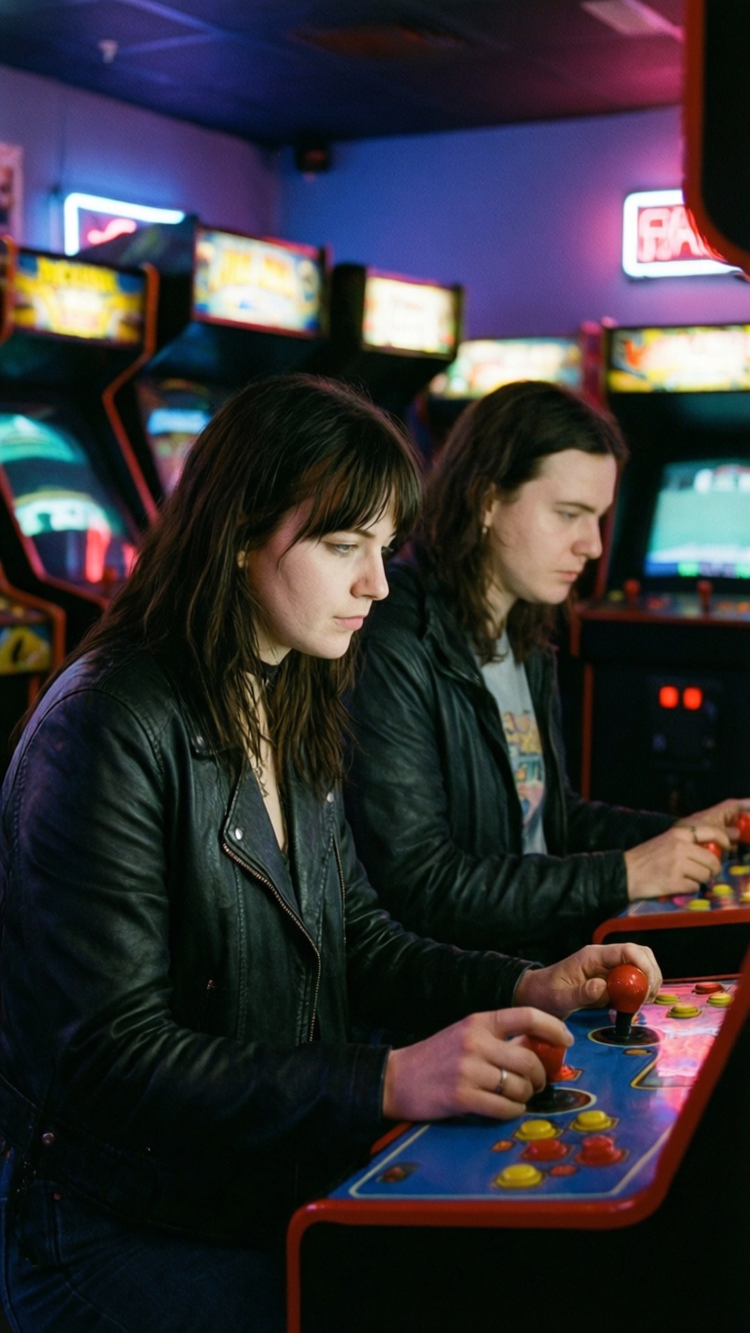 Arcade Night 壁紙 — 兩個穿著黑色皮夾克的人在發光的霓虹燈下激烈地玩復古街機遊戲。
