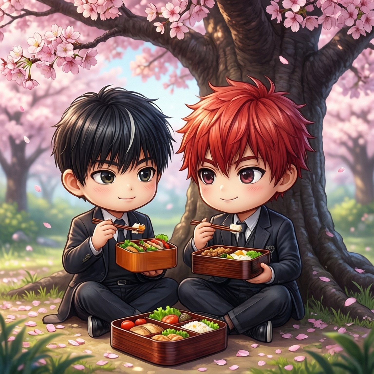 Cherry Blossom Picnic 壁紙 — 兩個穿著西裝的小男孩在盛開的櫻花樹下吃便當。