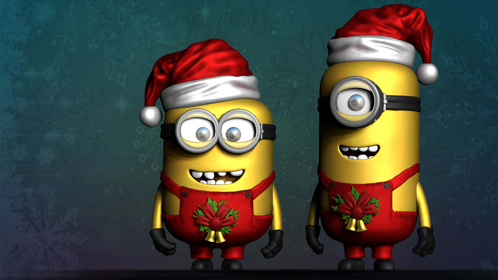  壁紙 — 兩個戴紅色聖誕帽、穿節日吊帶褲的開心黃色Minions，站在帶有微妙雪花圖案的雪藍色背景前。