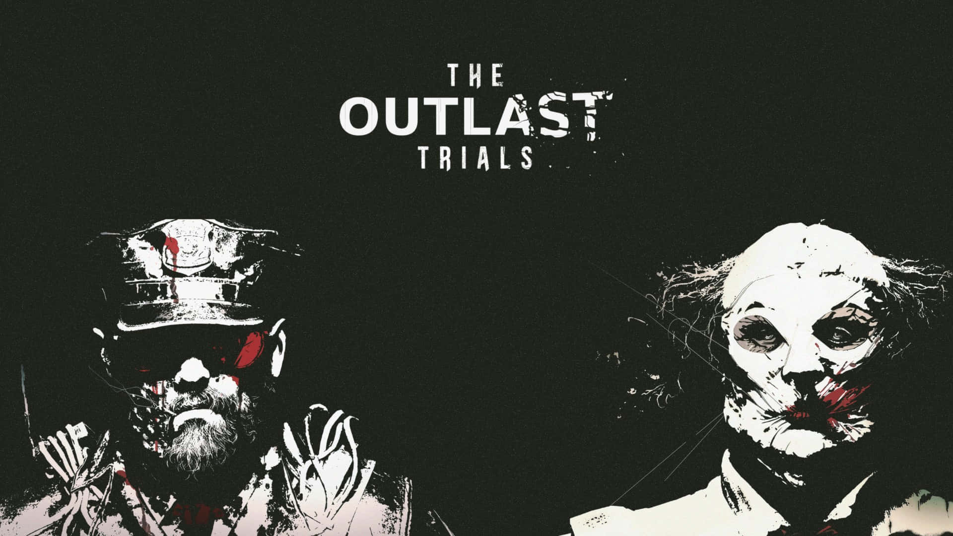  壁紙 — 兩個戴著面具的怪誕人物，臉上血跡斑斑，在黑暗背景下以《The Outlast Trials》的標題赫然出現。