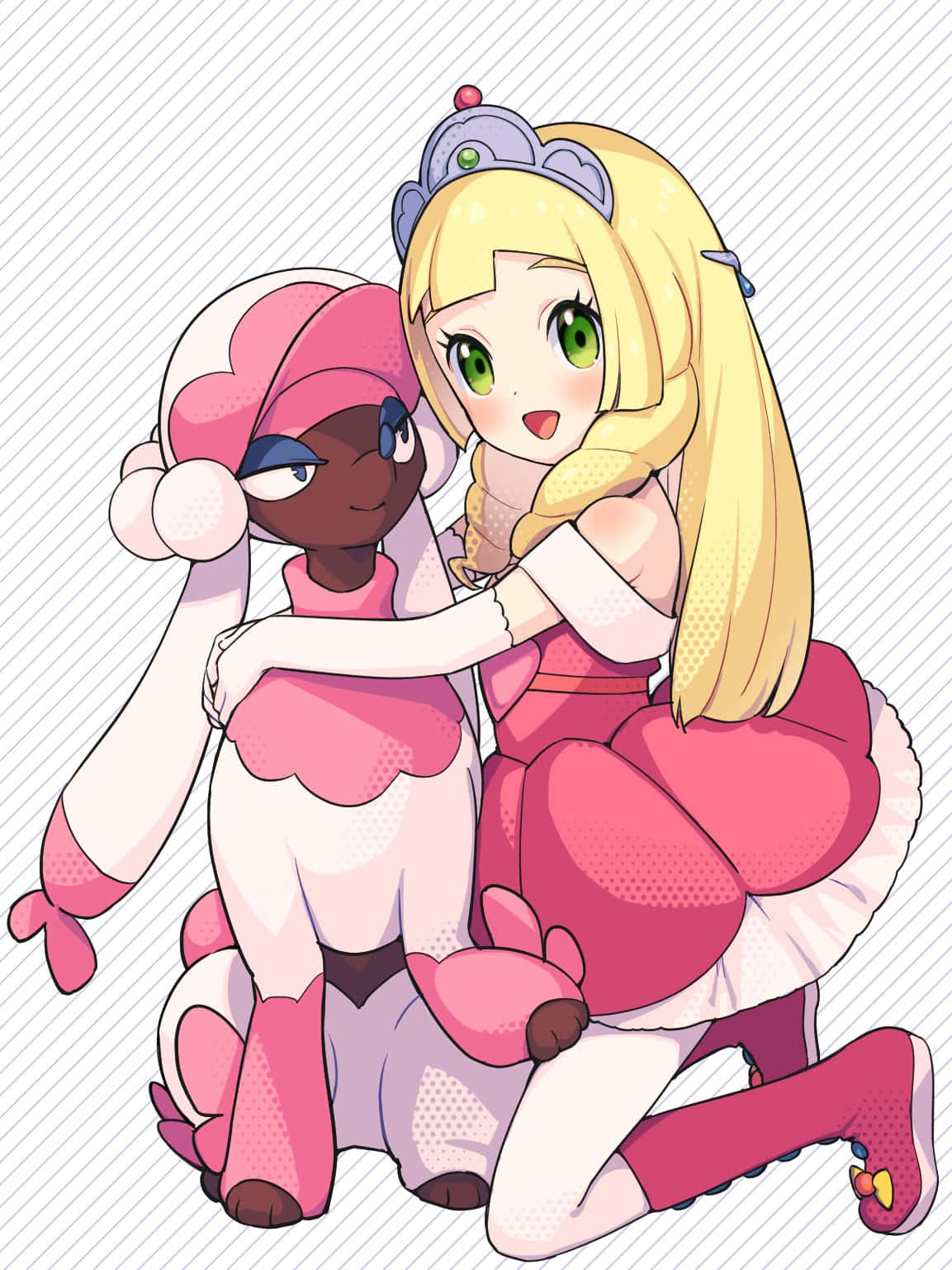 Furfrou 桌布 壁紙 — 兩個動漫風格角色穿著粉紅色服裝，在條紋背景前溫暖擁抱。