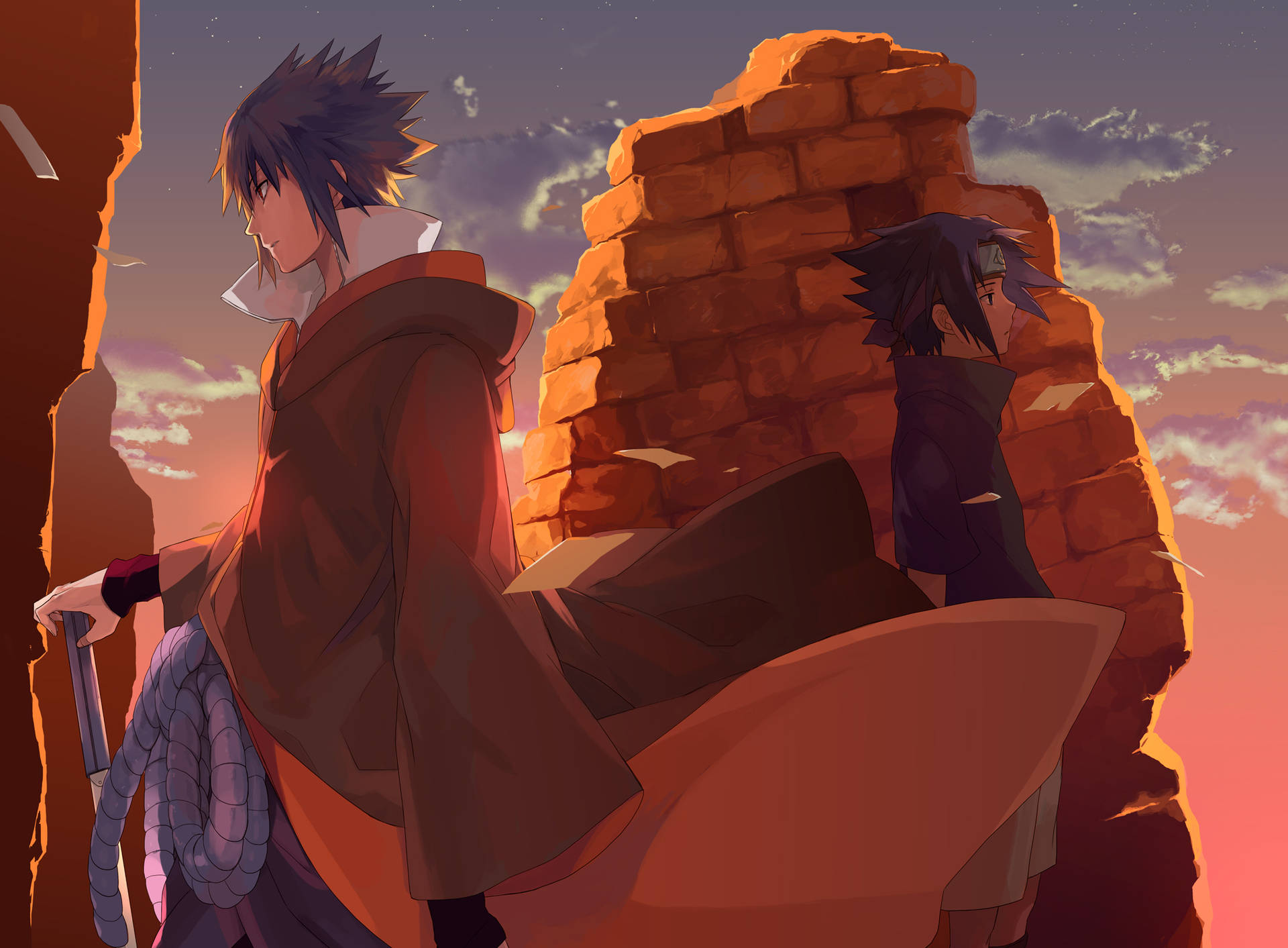 兩個動漫角色在石頭遺跡旁（暮色） — Sasuke 壁紙