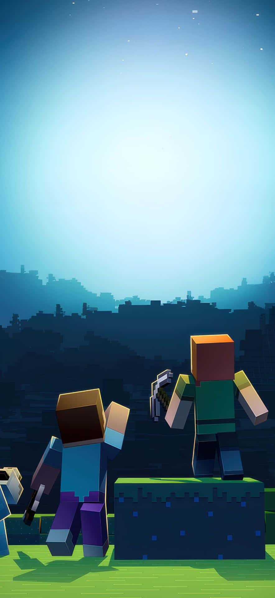  壁紙 — 兩個方塊狀的Minecraft角色站在一個草叢邊緣，俯瞰著發光藍天下像素化的城市天際線。