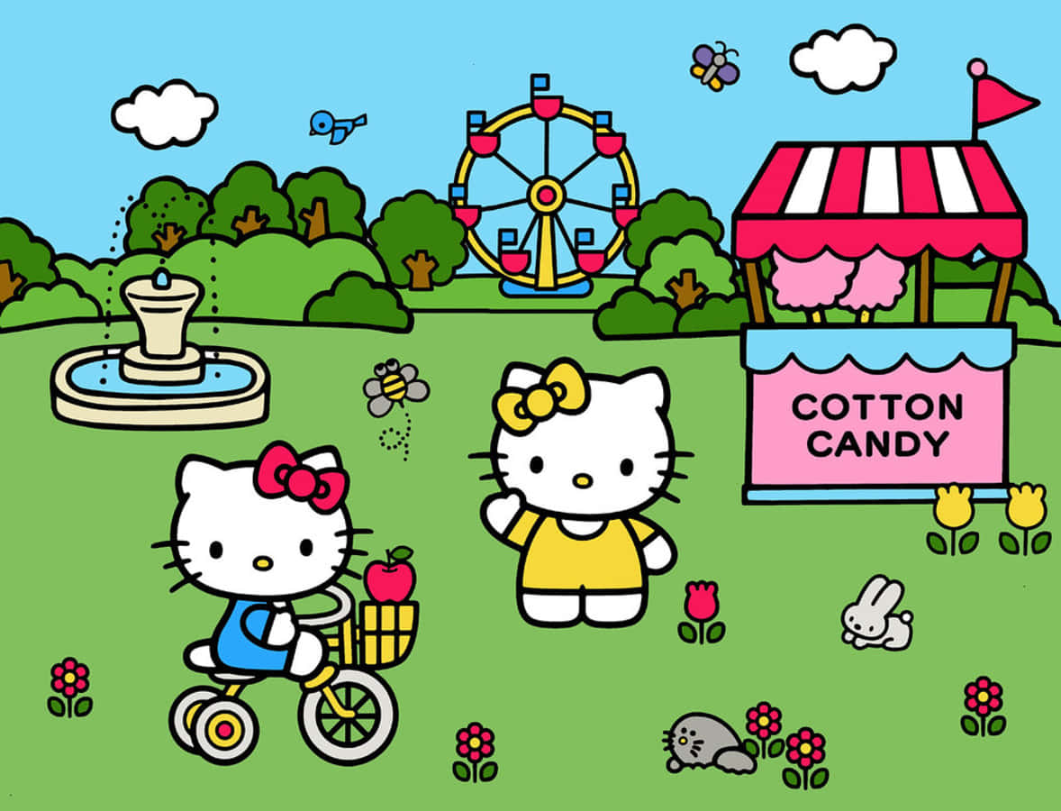 Hello Kitty角色在色彩繽紛的公園裡，背景有棉花糖攤位和摩天輪。 — Hello Kitty 壁紙