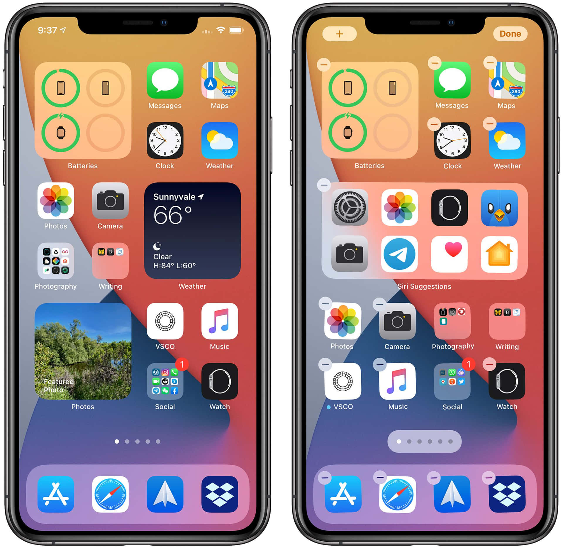 兩部 iPhone 顯示主畫面，包含應用程式圖示和天氣小工具。 — 主畫面 壁紙