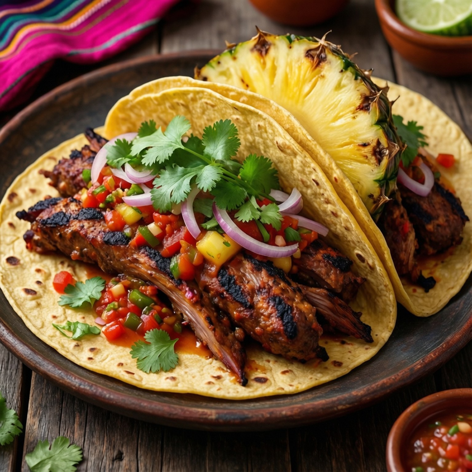 Tacos al Pastor Feast 壁紙 — 兩個烤豬肉玉米餅搭配鳳梨莎莎醬、香菜和紅洋蔥，放在質樸的木桌上，旁邊有一塊彩色條紋布。