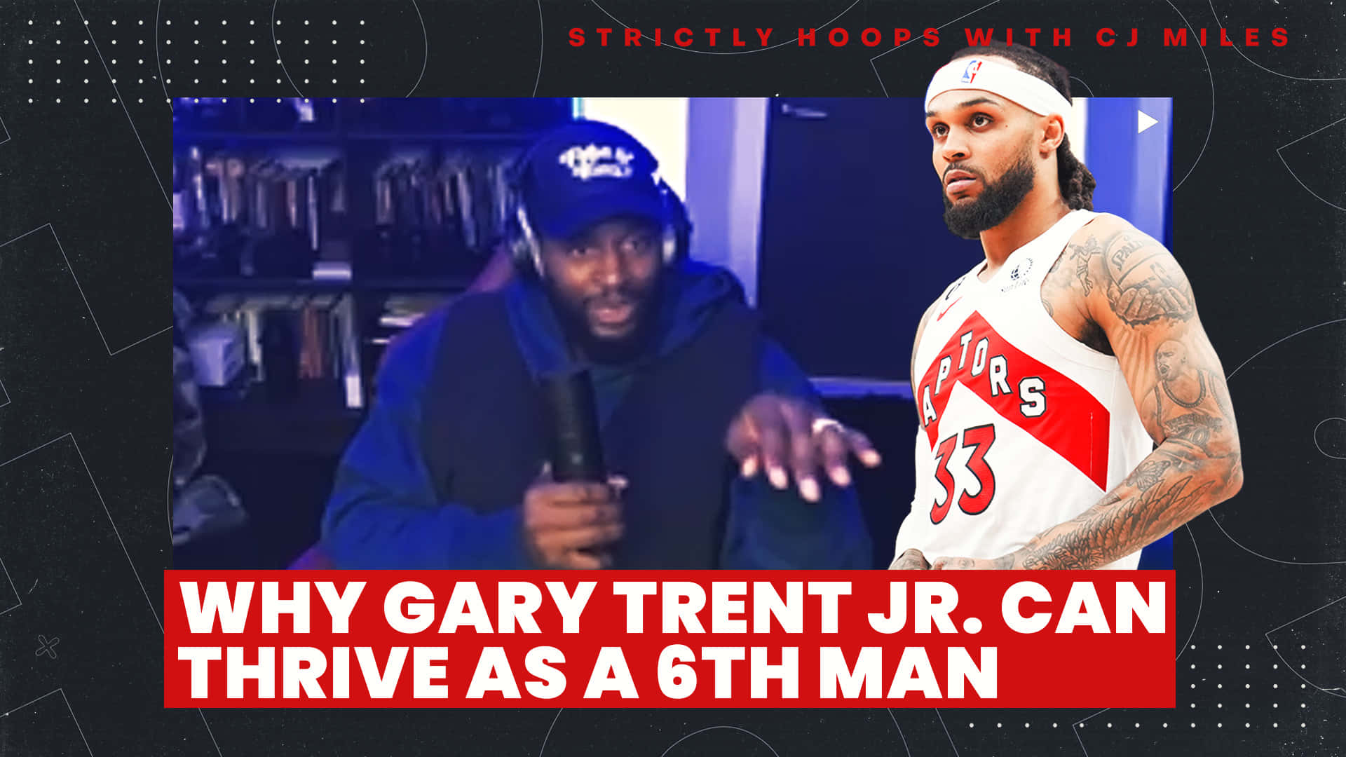 兩個男人討論籃球，並有關於Gary Trent Jr.的文字覆蓋。 — NBA 壁紙