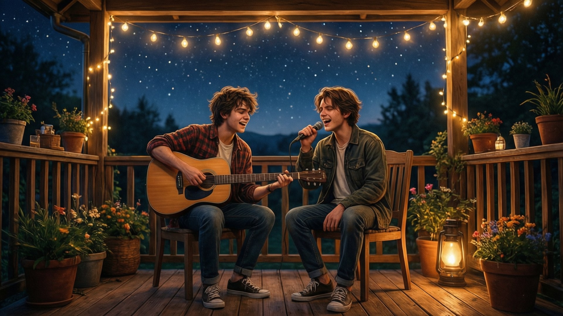Musical Bestie Night 壁紙 — 兩個年輕男子在木製甲板上分享一個舒適的夜晚，彈著吉他，在燈串和星空下唱歌。