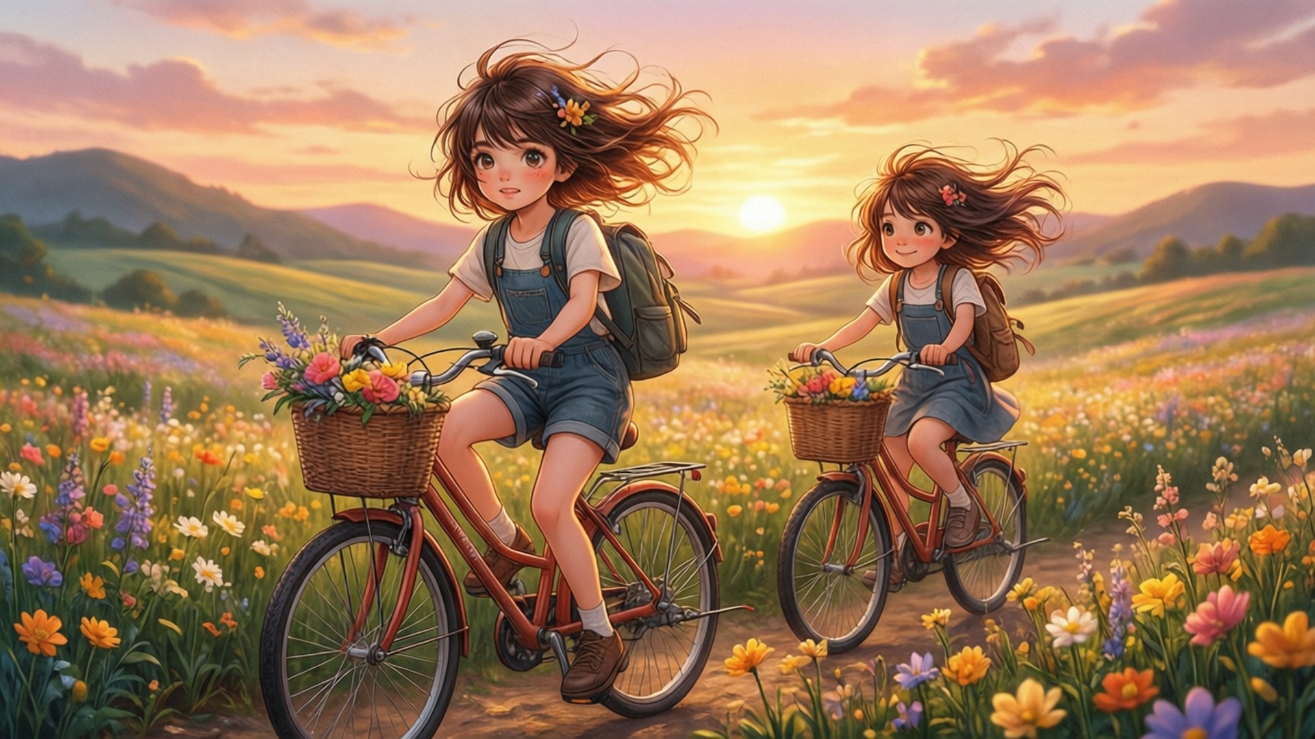 Bicycle Blooms 壁紙 — 兩個女孩在日落時分騎腳踏車穿過陽光明媚、長滿五顏六色野花的田野，背景是山脈。