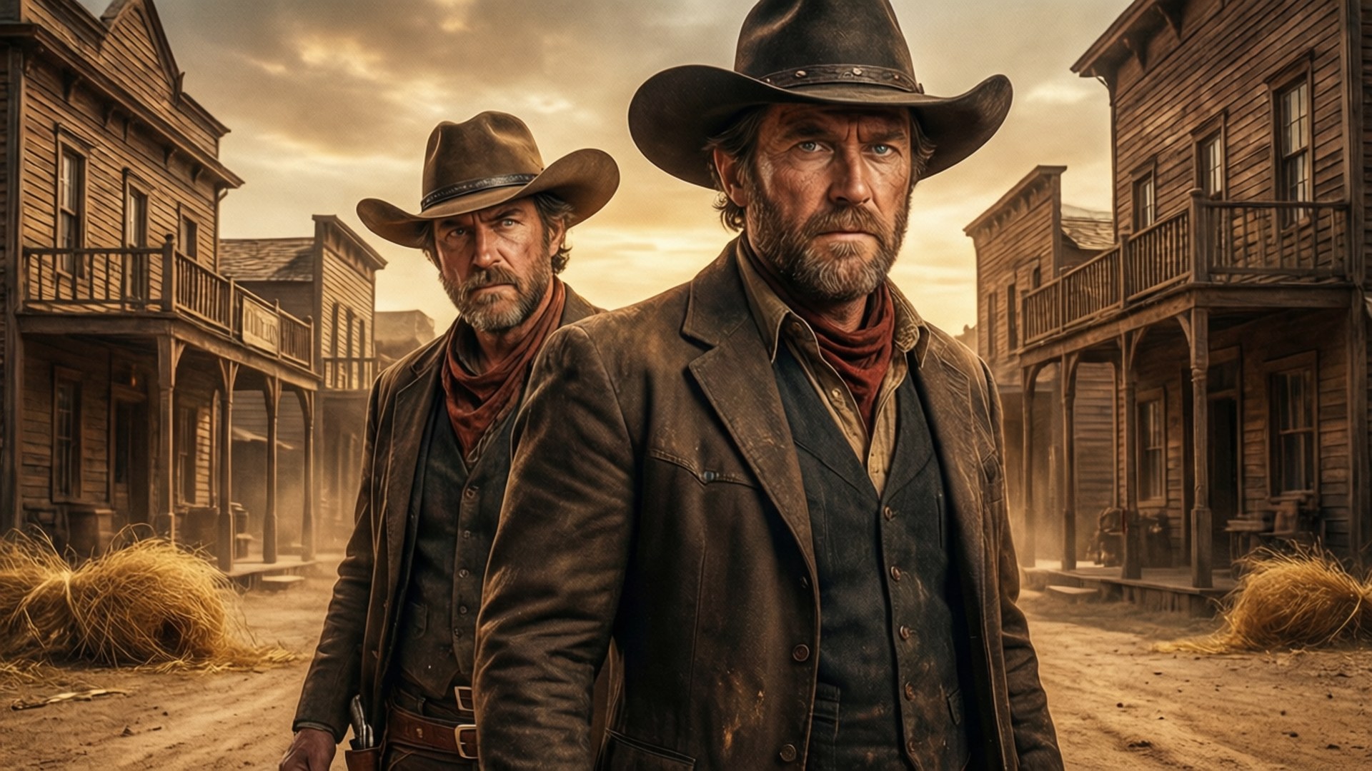 Western Showdown 壁紙 — 兩個強壯的牛仔戴著佈滿灰塵的牛仔帽，站在陽光明媚的西部小鎮街道上，街道上有木製建築和乾草捆。