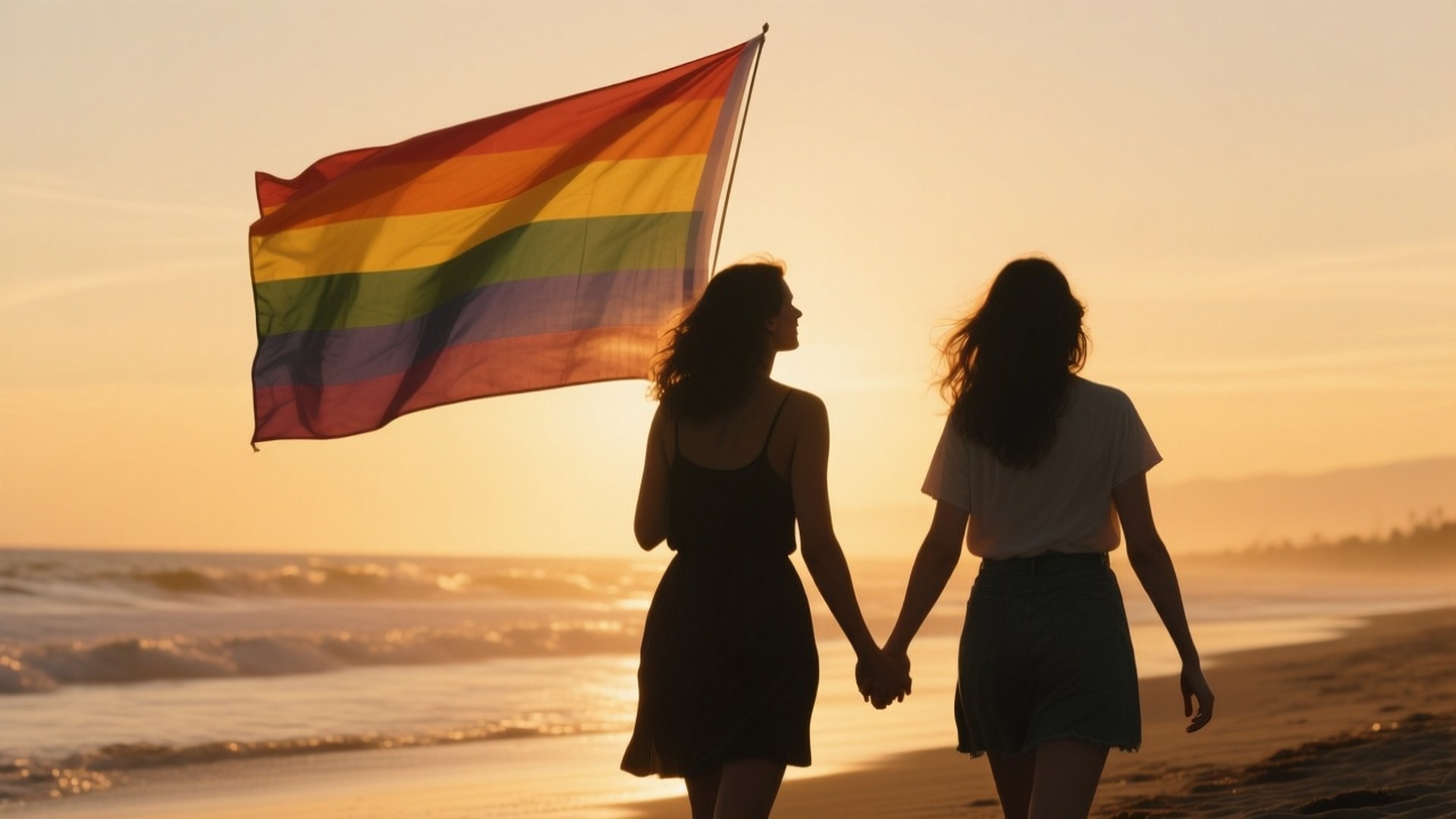 Couple on Beach with Flag 壁紙 — 兩個人手牽手，在日落時分沿著沙灘行走，同時舉著彩虹旗。