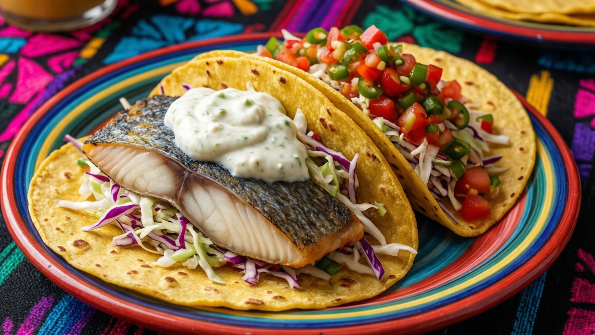 Halibut Tacos 壁紙 — 兩個色彩鮮豔的魚肉玉米餅，上面放著莎莎醬和奶油，放在色彩繽紛的條紋盤子上，背景是節日氣氛的墨西哥紡織品。