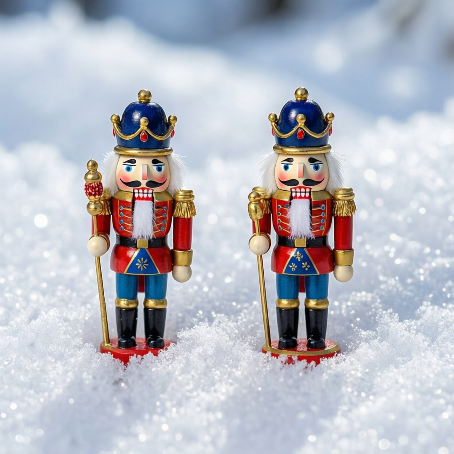 Christmas Earring Free 桌布 壁紙 — 兩個身穿紅、藍、金色制服的節日胡桃夾子士兵，在明亮的日光下自豪地站在新雪中。