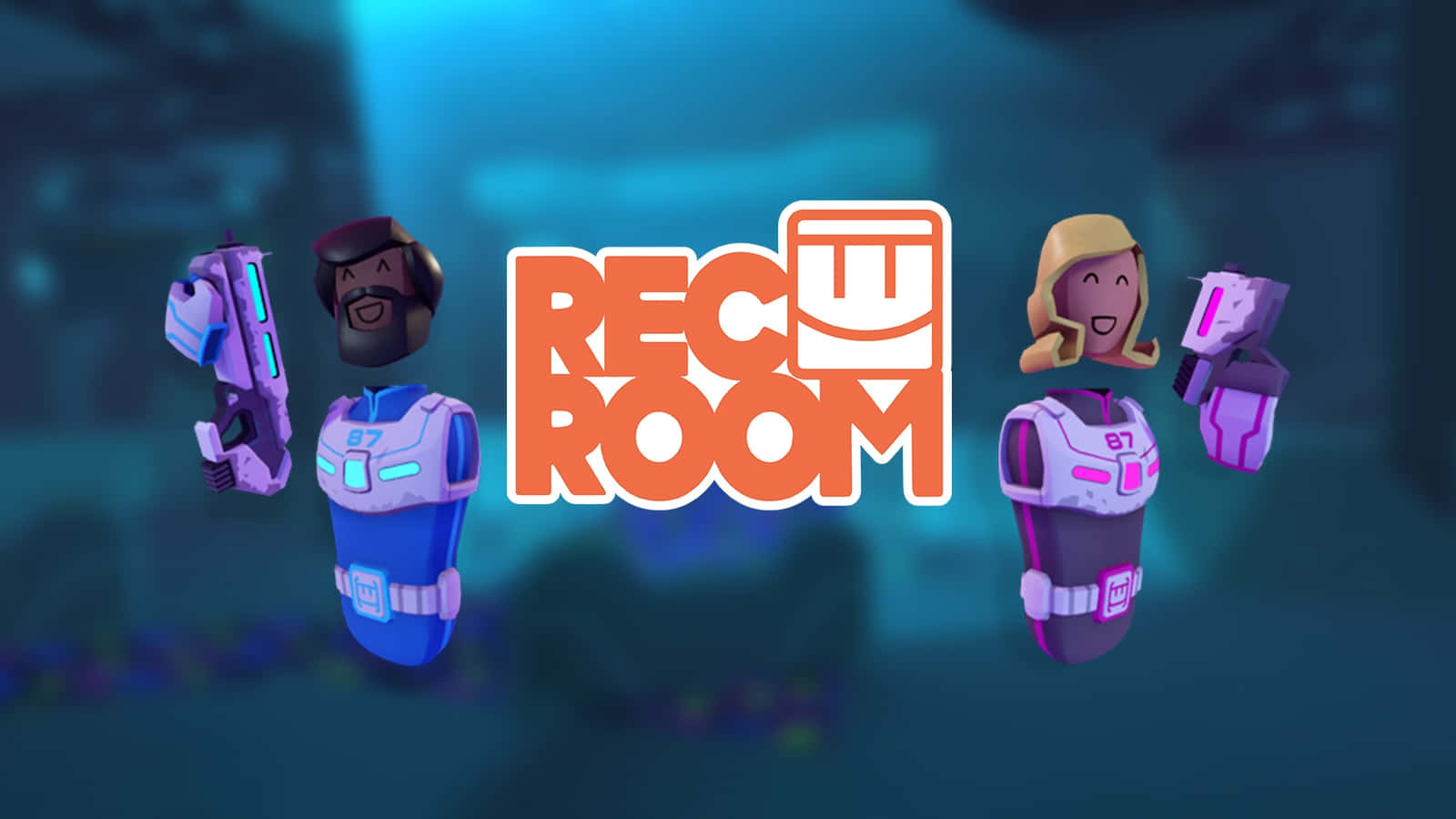  壁紙 — 兩個身穿未來裝備的卡通人物漂浮在發光藍色背景上的 Rec Room 標誌旁邊。
