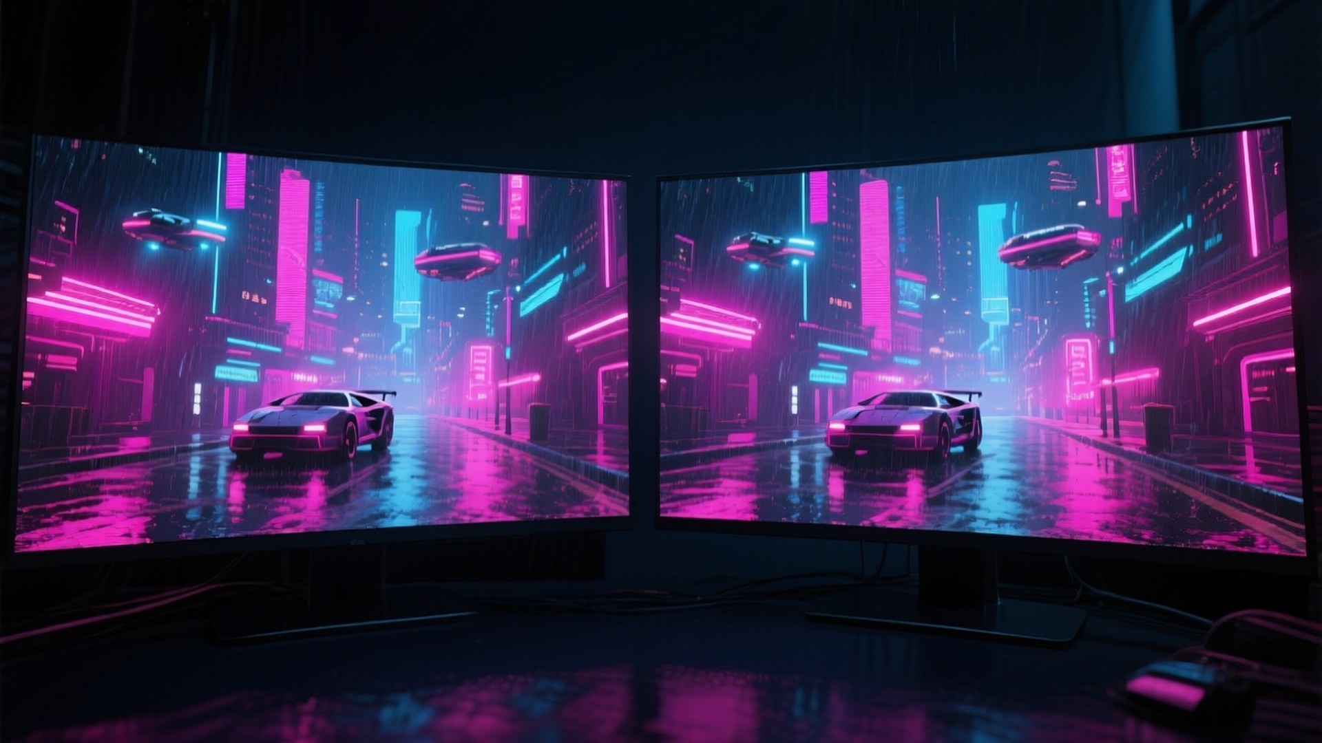 Neon Metropolis Dual 壁紙 — 兩個顯示器顯示一個充滿霓虹燈的賽博龐克城市景觀，發光的粉紅色和藍色摩天大樓以及飛行汽車在潮濕的街道上反射。
