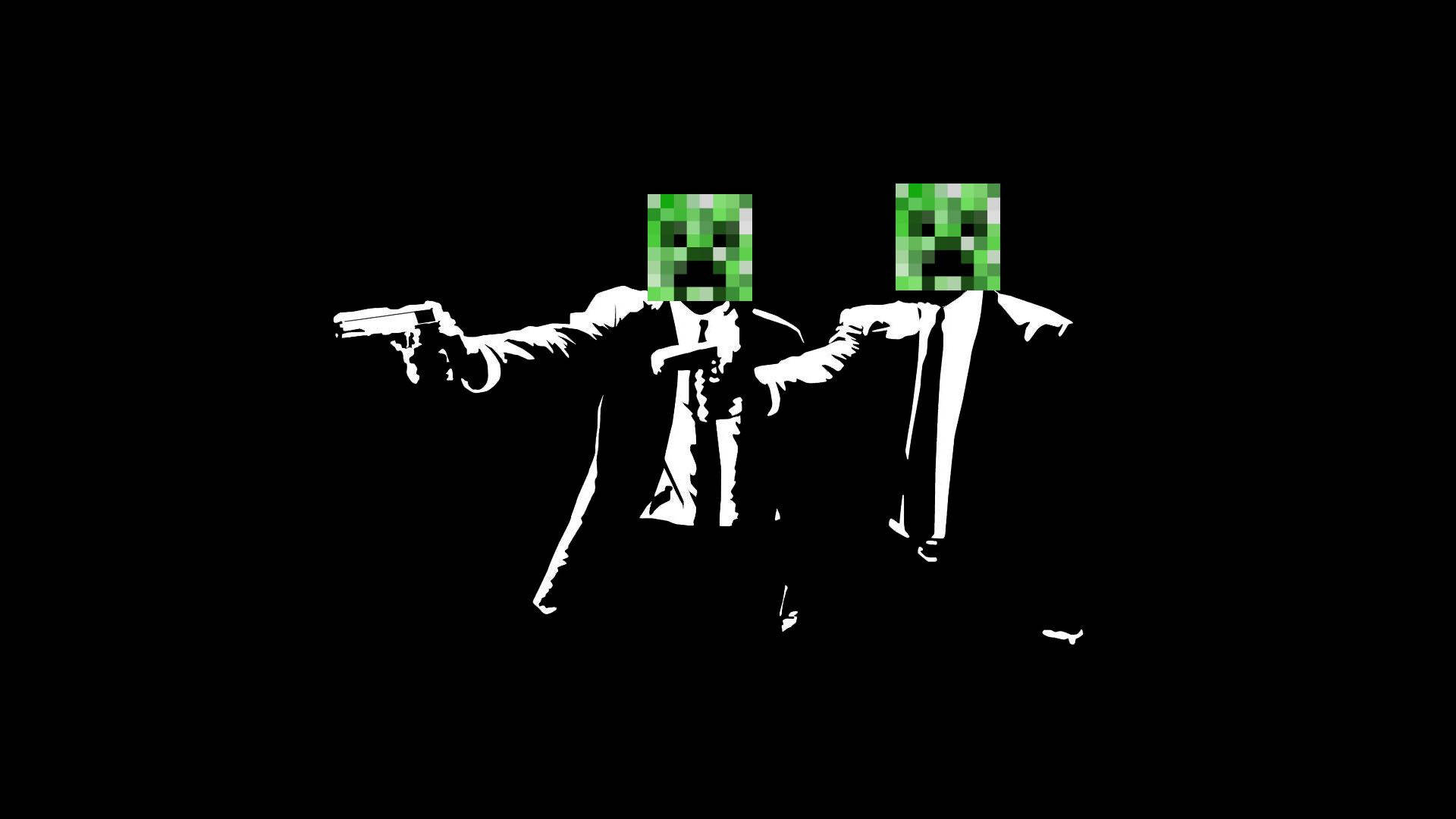 兩個穿著西裝的 Minecraft 苦力怕在黑色背景下用槍指著 — 我的世界迷因 壁紙