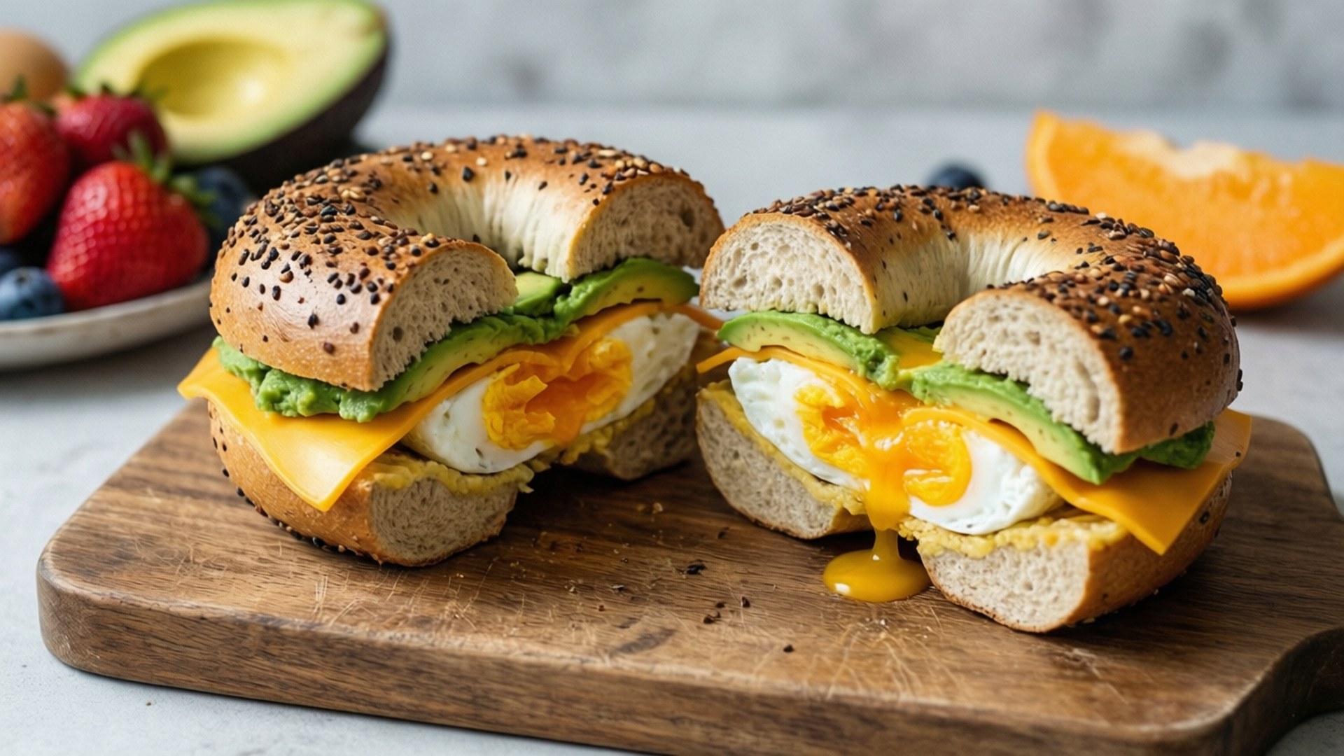 Avocado Egg Bagel 壁紙 — 兩個芝麻貝果半切開，露出流心蛋黃、融化起司和酪梨，放在質樸的木板上。