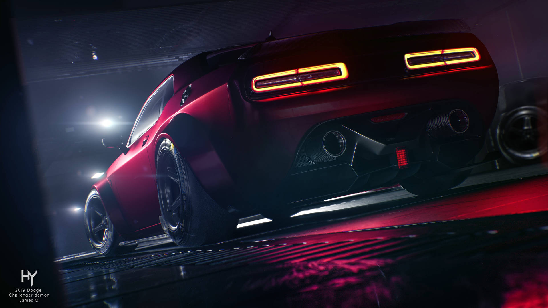 紅色Dodge Challenger Demon跑車在黑暗的攝影棚中，尾燈發光。 — 4K汽車 壁紙