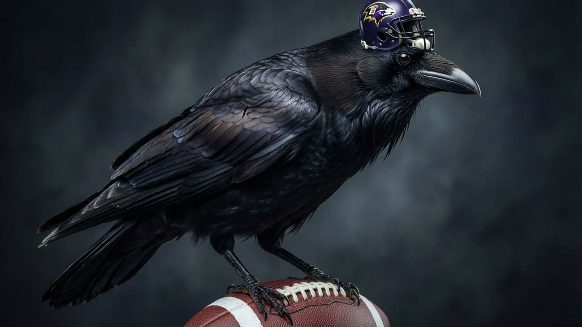 Raven Mascot 壁紙 — 一隻亮黑色的烏鴉棲息在一個橄欖球上，戴著紫色的巴爾的摩烏鴉隊頭盔，背景是煙霧瀰漫的黑暗。