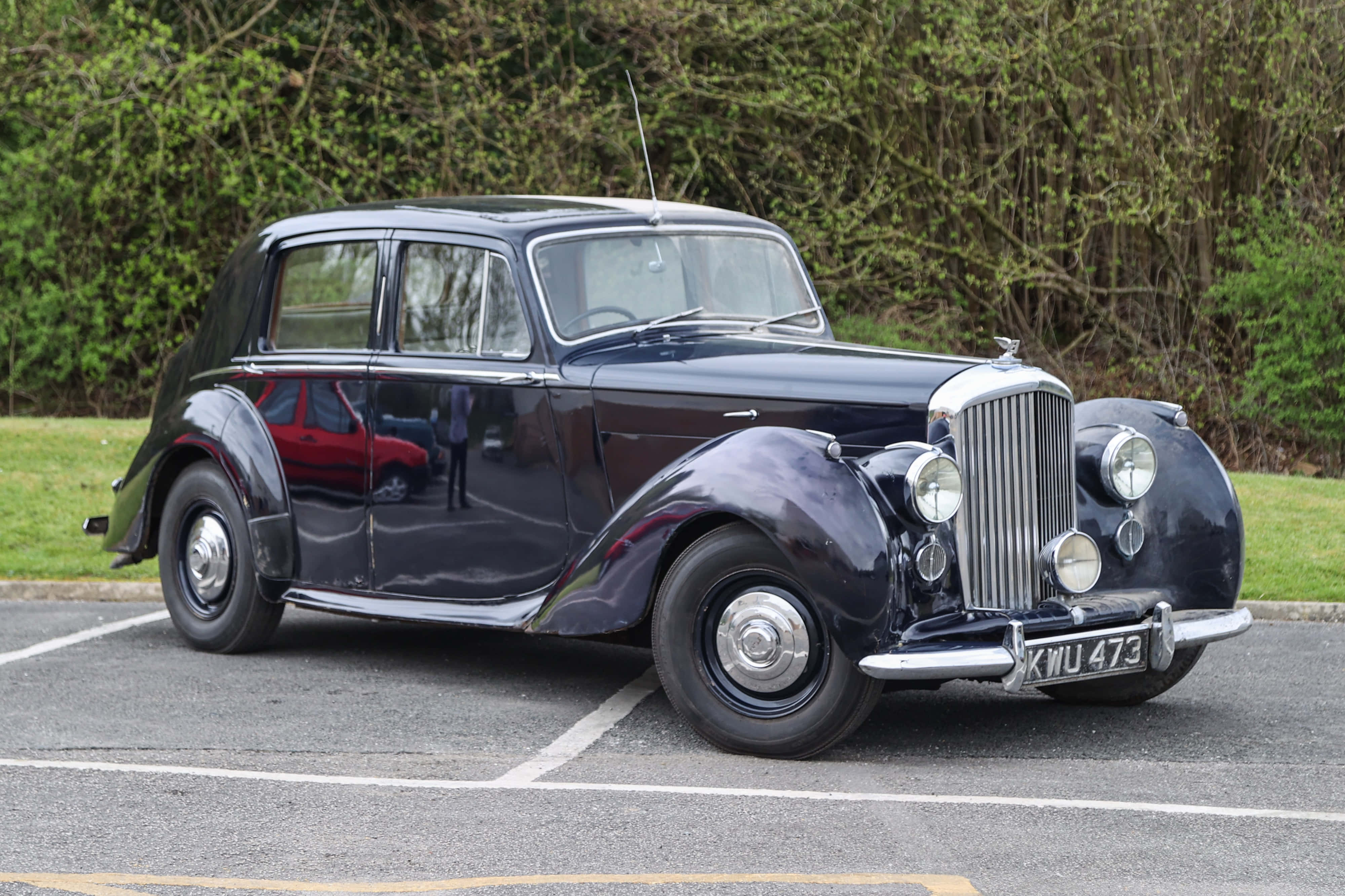 Bentley Mark Vi 桌布 壁紙 — 一輛亮黑色復古賓利房車停放在停車場，後面有綠色灌木叢。