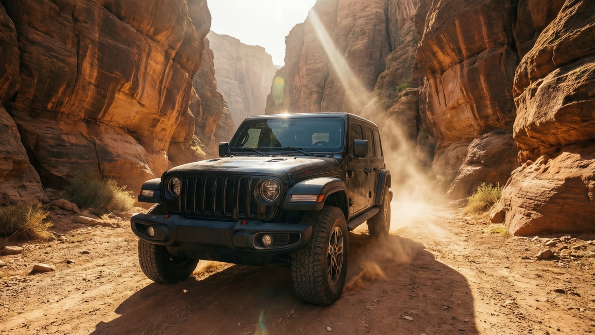 Desert Canyon Jeep 壁紙 — 一輛黑色Jeep Wrangler在陽光照耀的紅色岩石峽谷中行駛，在崎嶇的泥路上揚起灰塵。