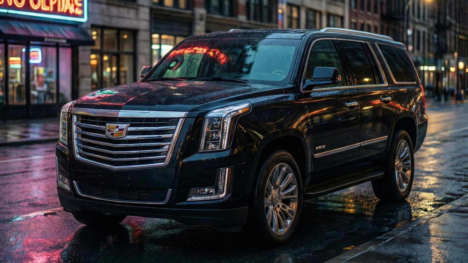 Neon Nights Escalade 壁紙 — 一輛黑色凱迪拉克 Escalade SUV 在濕漉漉的城市燈光下閃閃發光，燈光反射在雨濕的路面上。