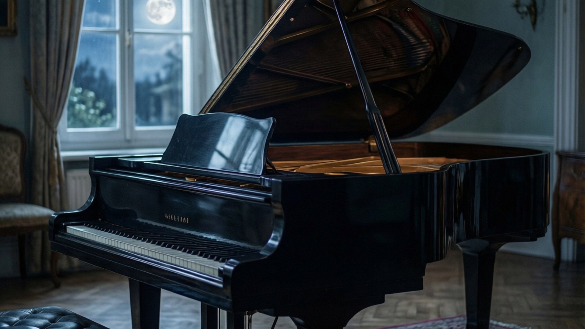 Moonlit Piano 壁紙 — 一輛亮黑色三角鋼琴在昏暗的房間中打開，後面是月光照耀的窗戶。