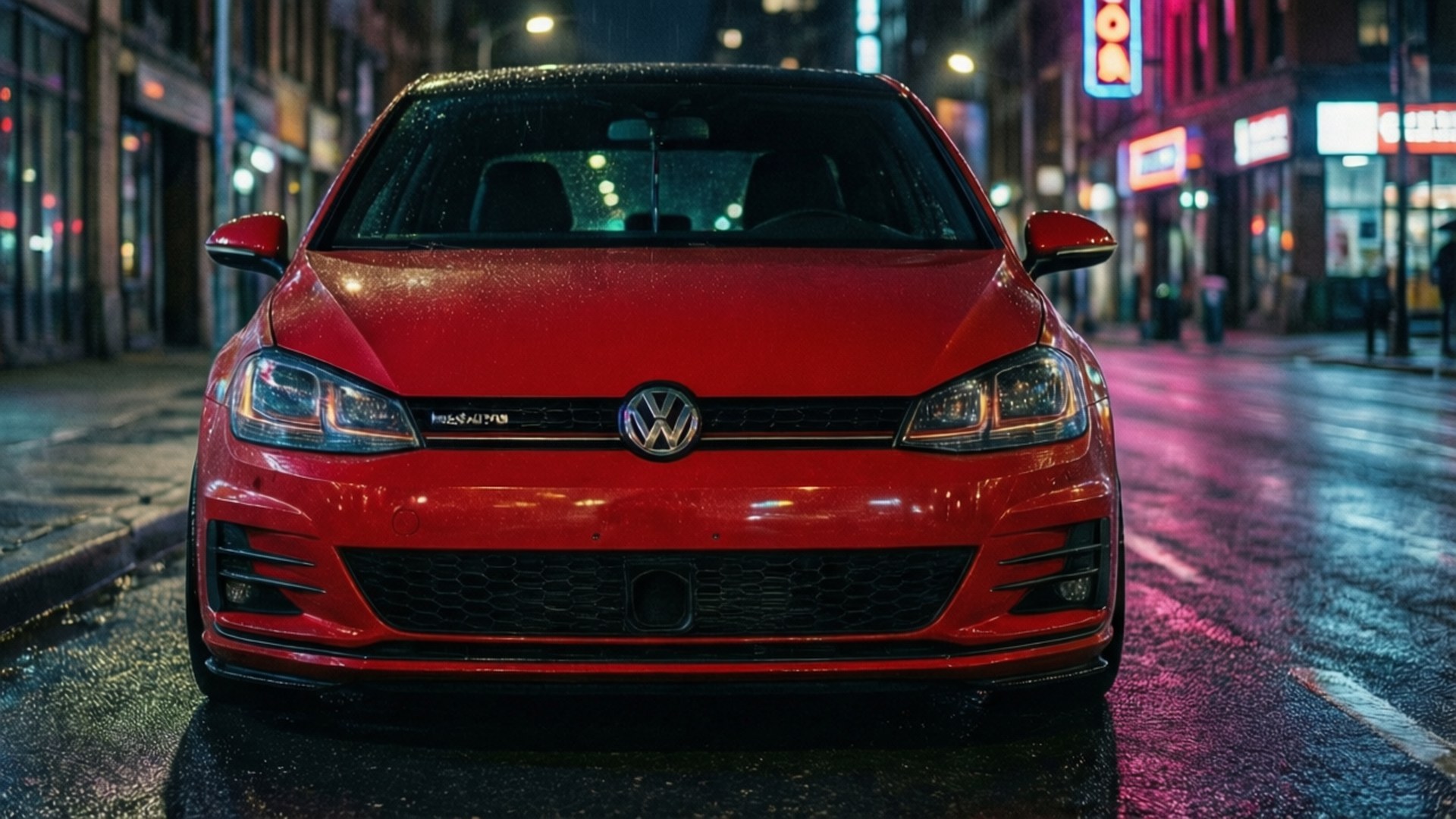 Neon GTI 壁紙 — 一輛亮紅色的福斯 Golf R 停在夜間濕漉漉的市區街道中央，反射著周圍建築物的霓虹燈光。