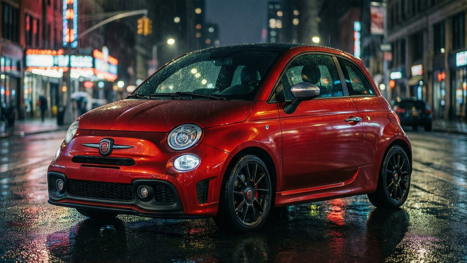 Abarth Red Night Ride 壁紙 — 一輛亮紅色的菲亞特500在夜間停泊在濕漉漉的城市街道上，反射周圍建築物的霓虹燈光。