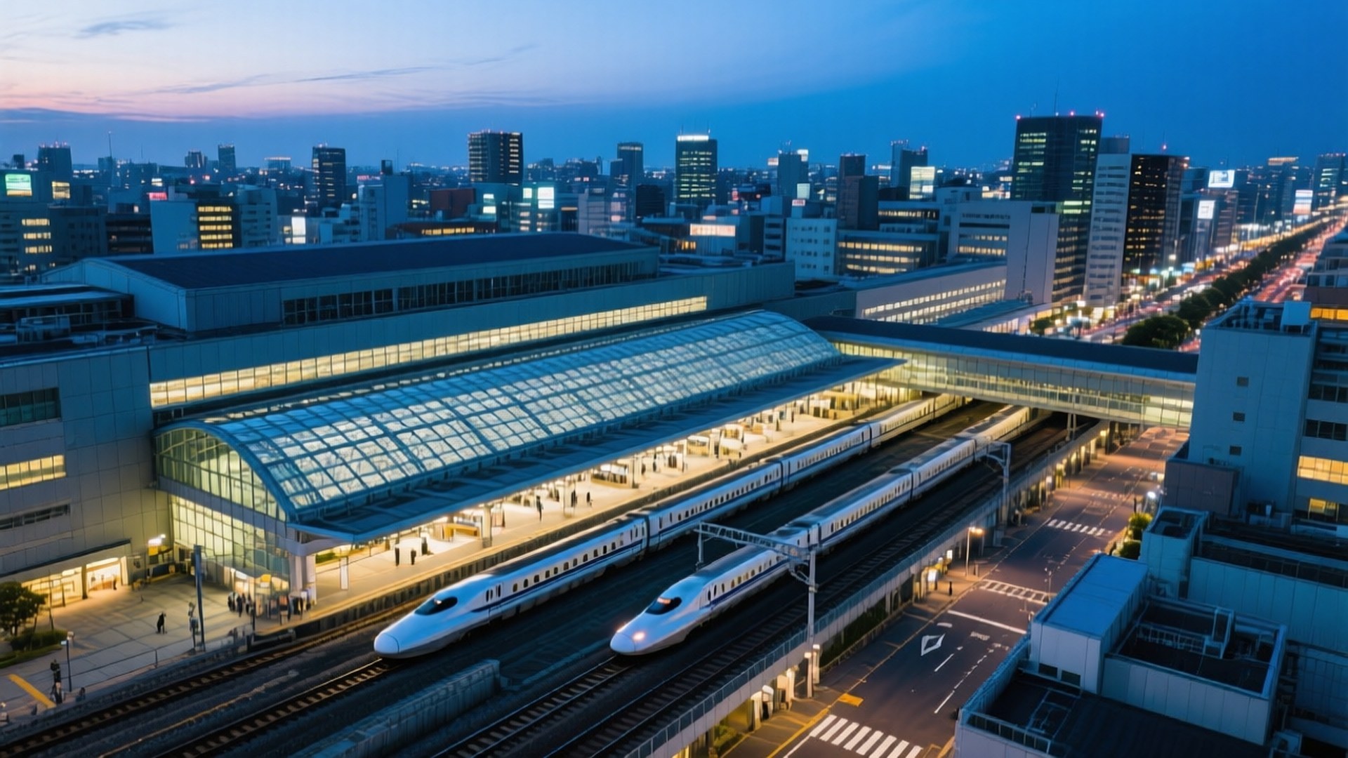 Nagoya Station Twilight 壁紙 — 兩架流線型白色子彈列車在暮色中滑行穿過現代化車站，背景中城市燈光閃爍。