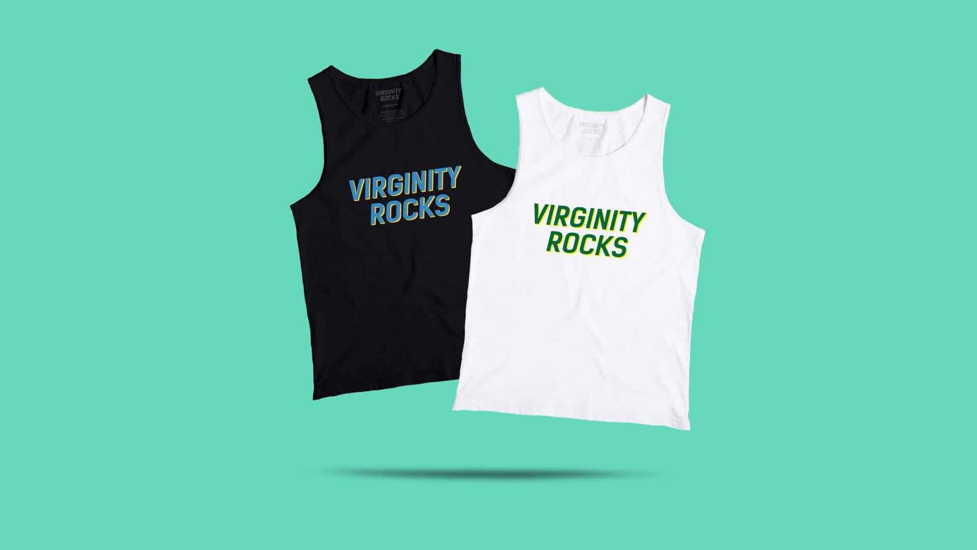  壁紙 — 兩件背心，一件黑色一件白色，上面都印有「VIRGINITY ROCKS」字樣，漂浮在青綠色背景上。