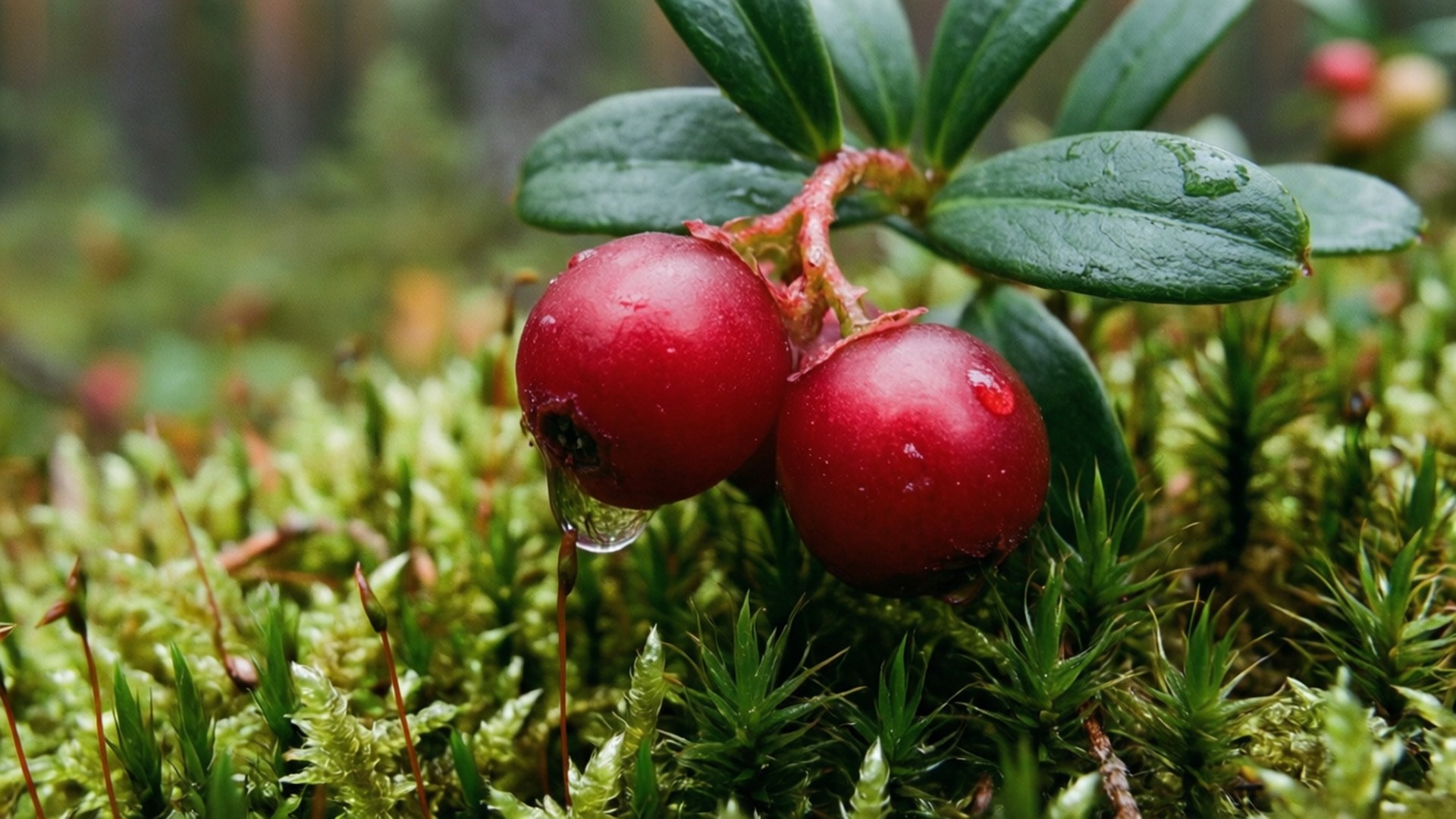 Lingonberries in Moss 壁紙 — 兩顆閃亮的紅色漿果帶有水珠，懸掛在樹枝上，周圍是充滿活力的綠色苔蘚和葉子。