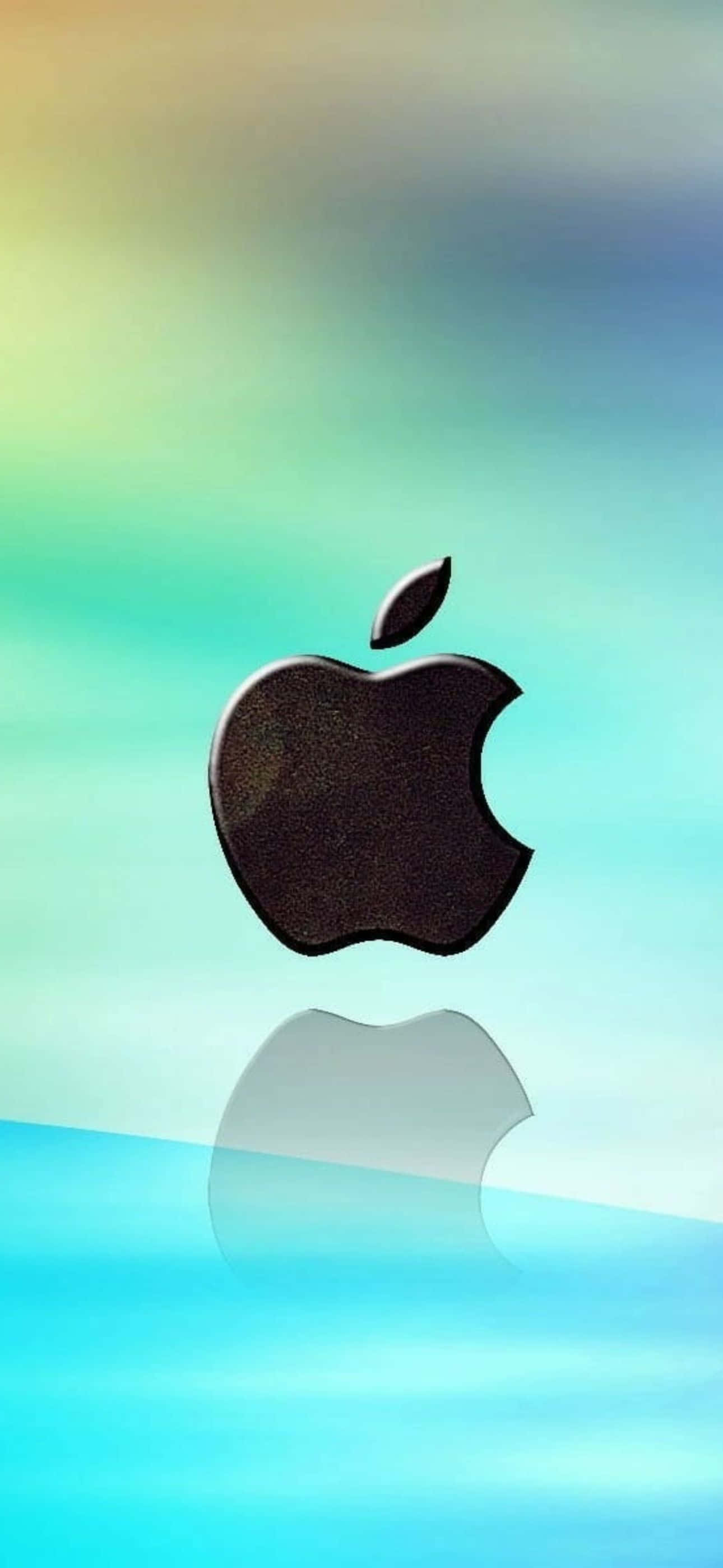 黑色Apple標誌在玻璃表面反射，背景為彩色漸變。 — iPhone 12 Pro Max 壁紙