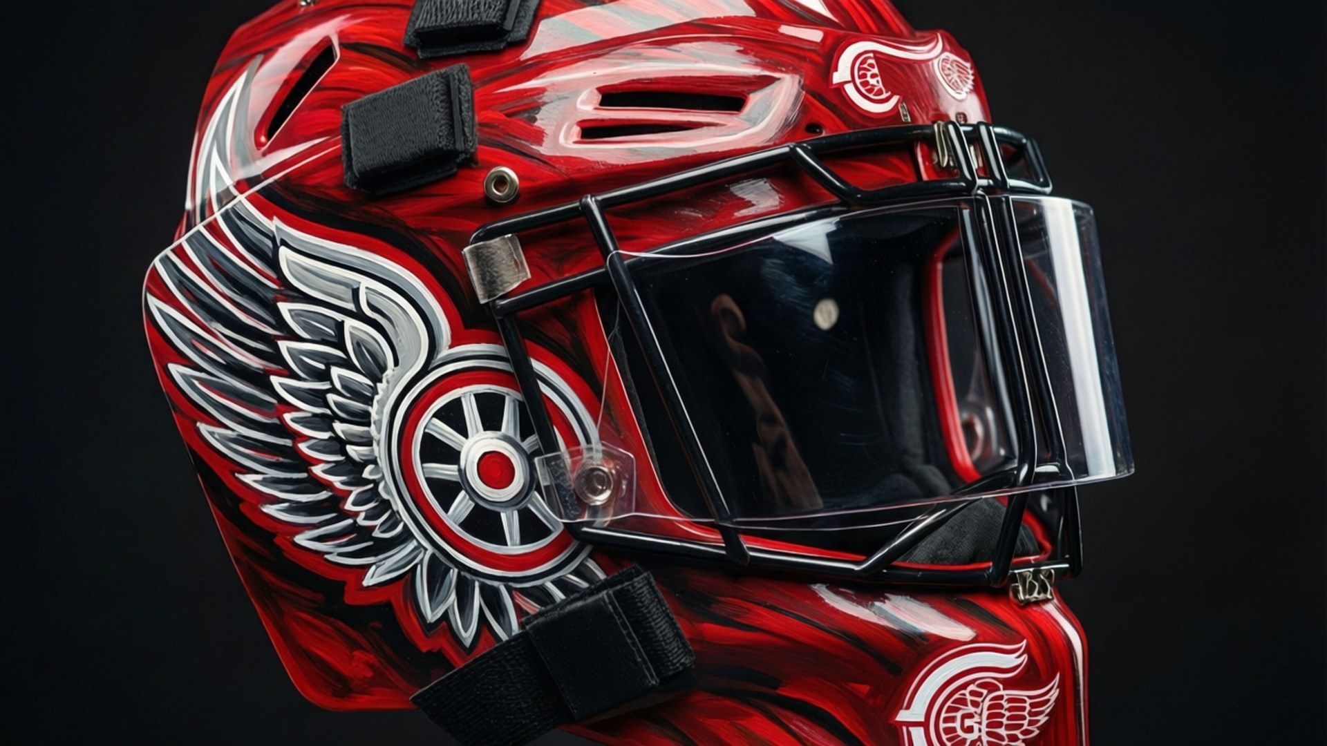 Goalie Mask Detail 壁紙 — 一個亮面紅色曲棍球守門員面罩，帶有銀色翅膀和圓形標誌，背景為黑色。