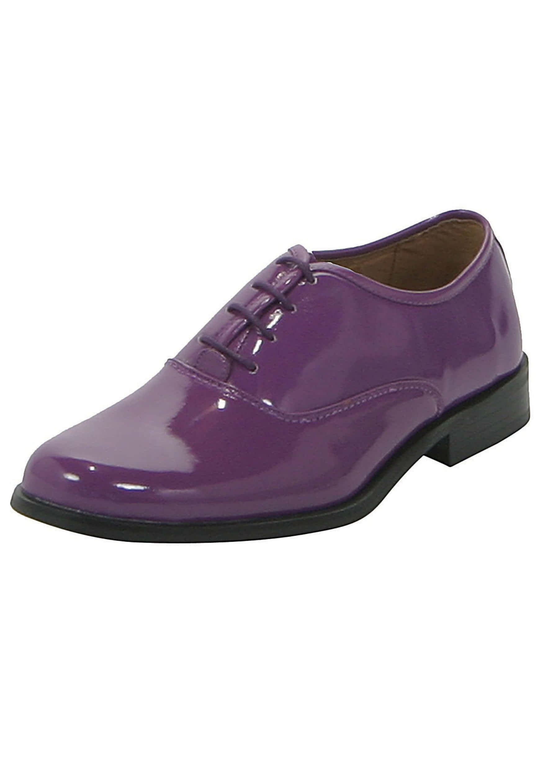 Purple Shoes 桌布 壁紙 — 一隻亮面紫色牛津鞋，配有黑色鞋帶和鞋底，背景為白色。