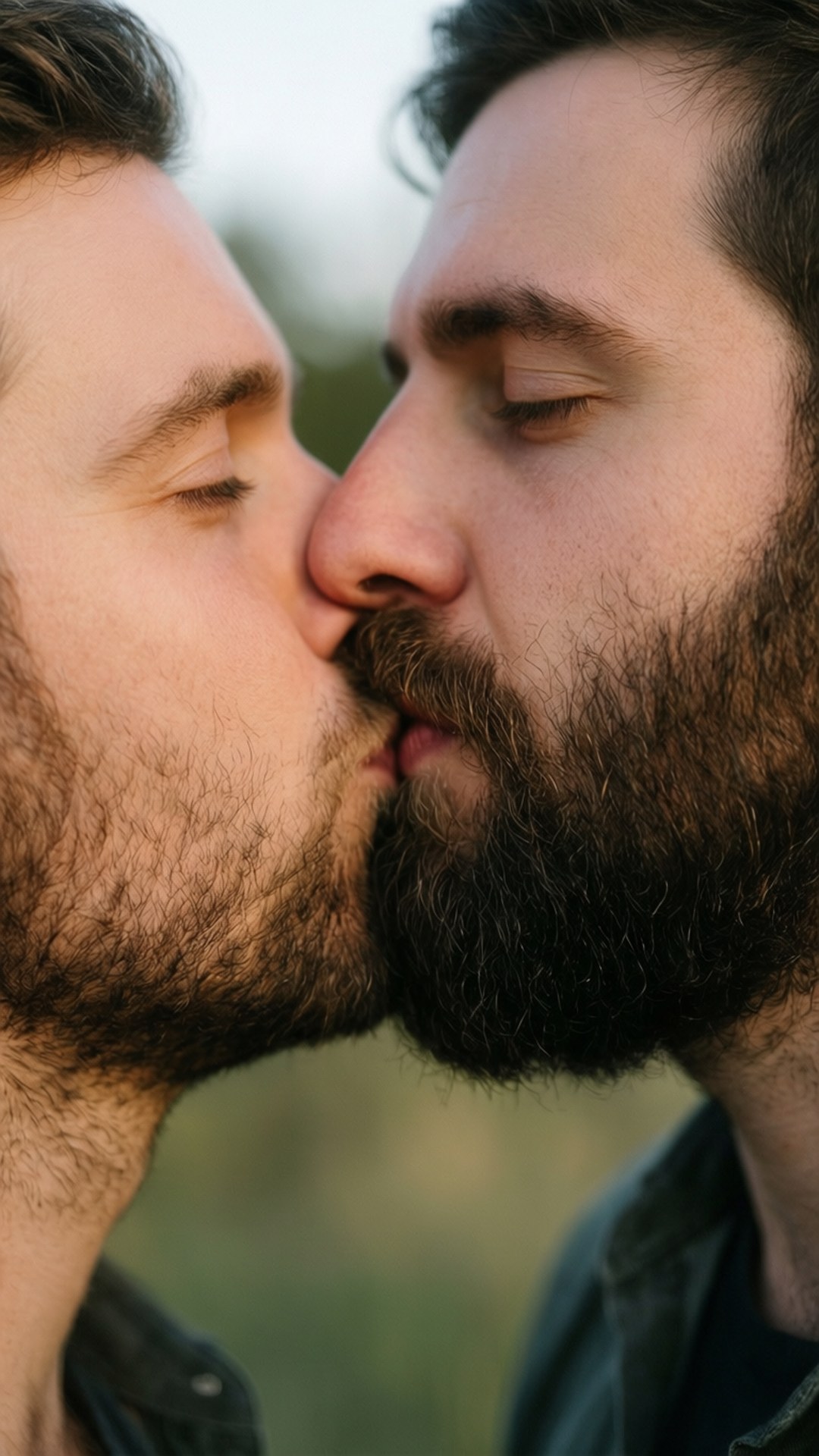 Tender Morning Kiss 壁紙 — 兩名鬍鬚男在戶外溫柔接吻，柔和的金色光線突顯他們的臉龐。