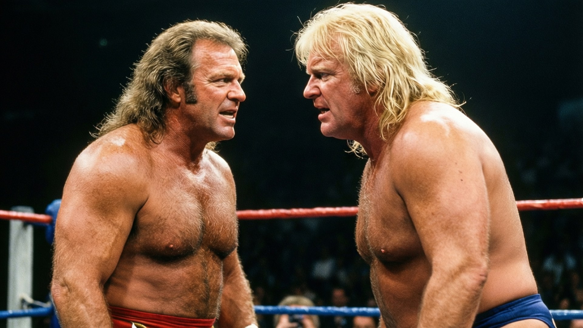 Legendary Rivalry 壁紙 — 兩名肌肉發達的摔角手在燈光明亮的擂台上，紅色繩索和模糊的人群背景下，互相怒目而視。
