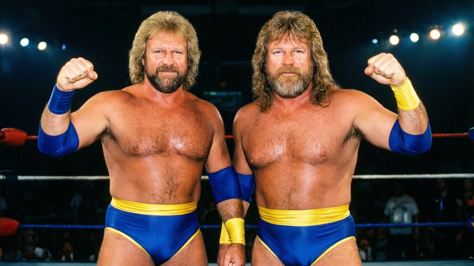 Tag Team Duo 壁紙 — 兩名金髮鬍鬚的肌肉摔角手在明亮的場館燈光下於擂台上擺姿勢。