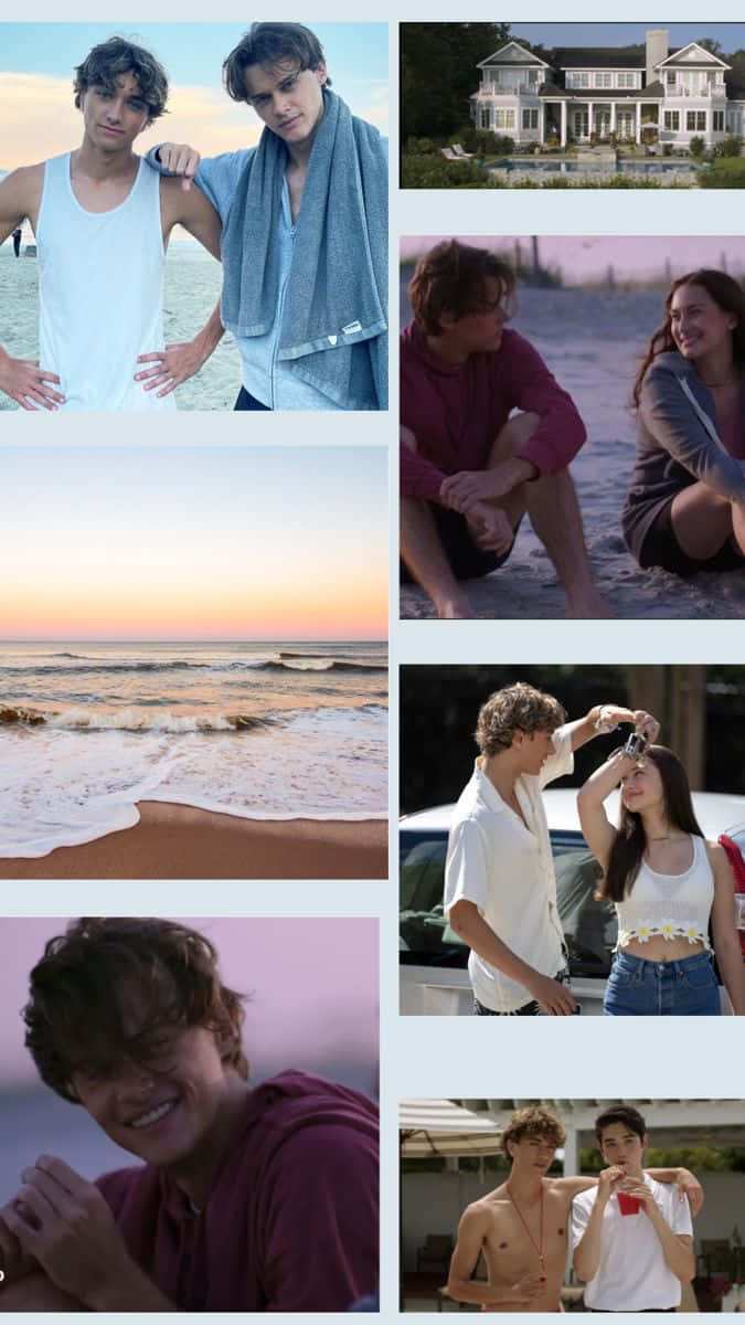 Jeremiah Fisher Aesthetic 桌布 壁紙 — 兩名年輕男子和一對情侶在海灘上放鬆，背景是日落時分的海邊房屋。