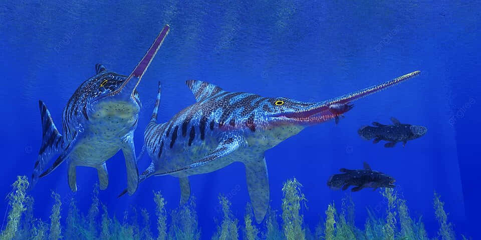  壁紙 — 兩條長鼻子的史前大魚在深藍色海水中滑行，游過綠色海草上方。