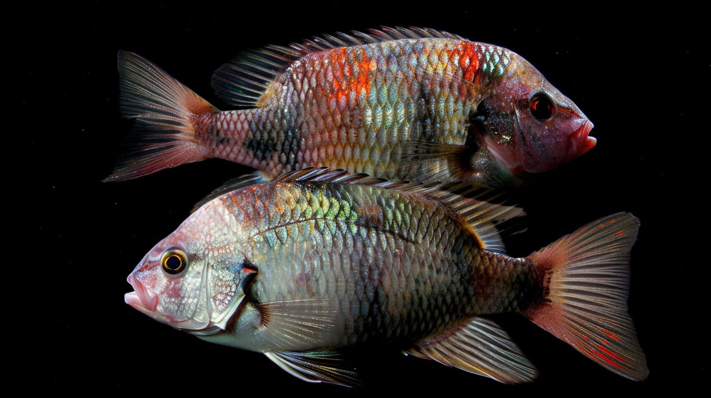  壁紙 — 兩條色彩繽紛的慈鯛魚，帶有虹彩鱗片和紅色魚鰭，在純黑色背景下游動。