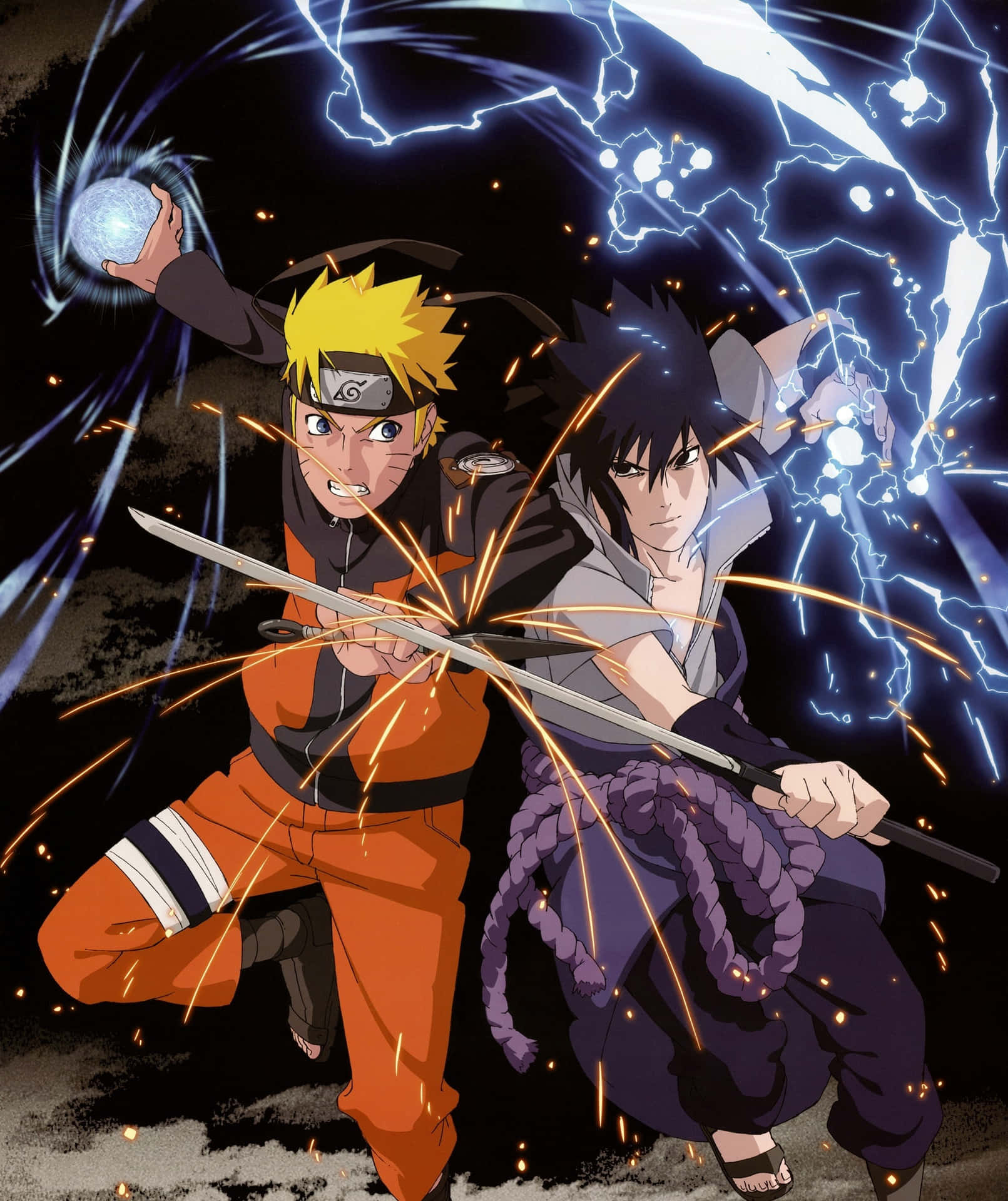 兩位動漫忍者戰士在閃電和火花飛濺中揮劍交鋒。 — Sasuke 壁紙